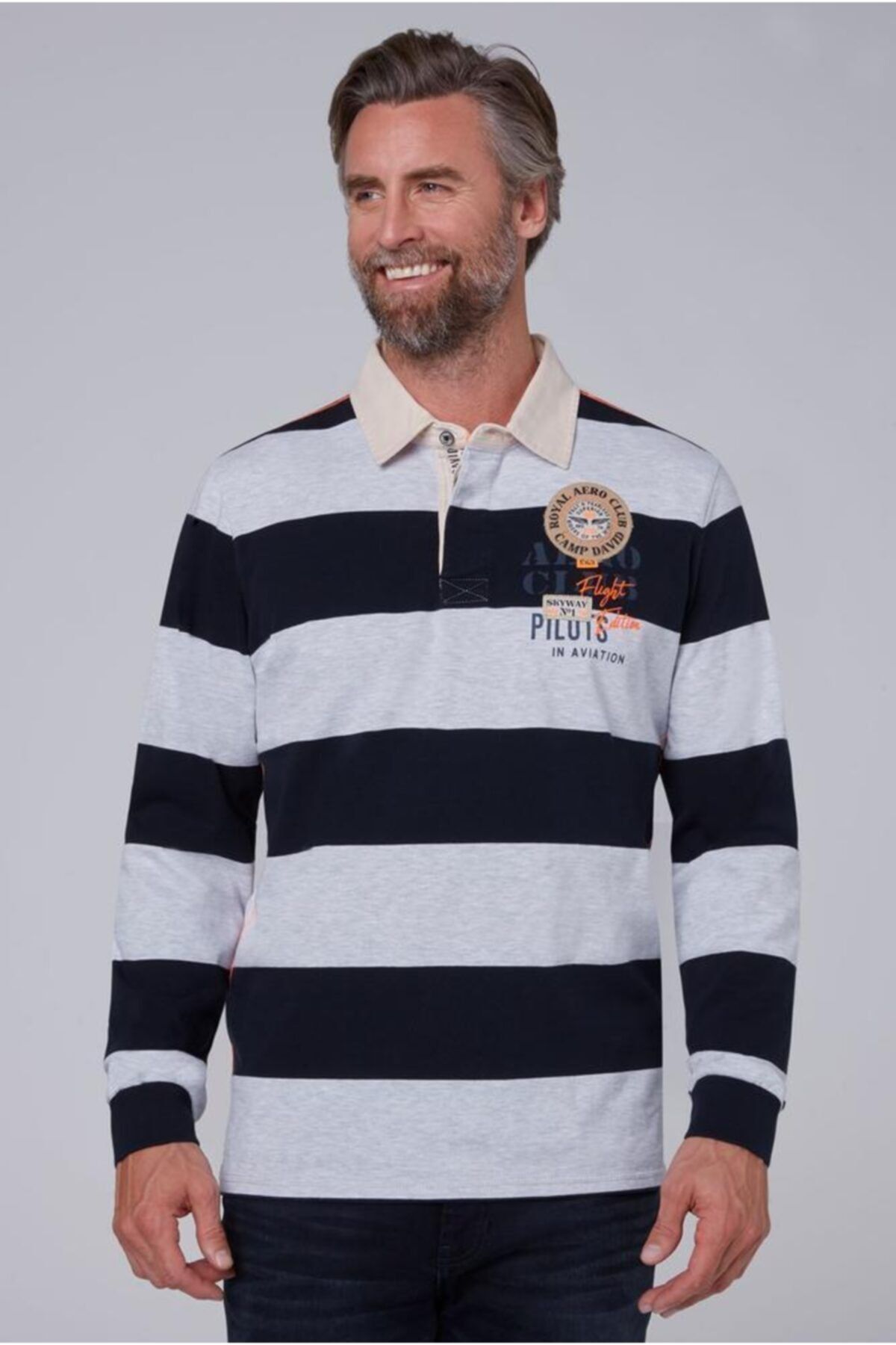 Camp David Erkek Çizgili Nakış Ve Logo Detaylı Uzun Kol Polo Yaka T-shirt