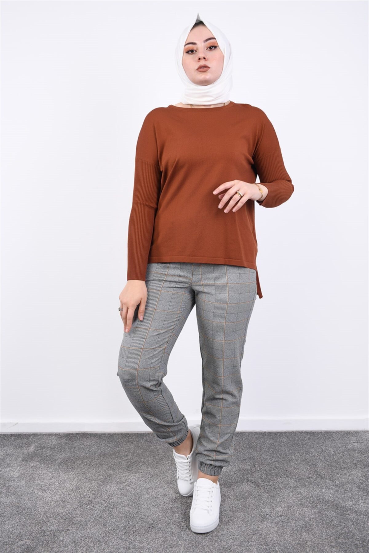 Azra Paçası Lastikli Ekose Pantolon (apa13-02az) Tarçın