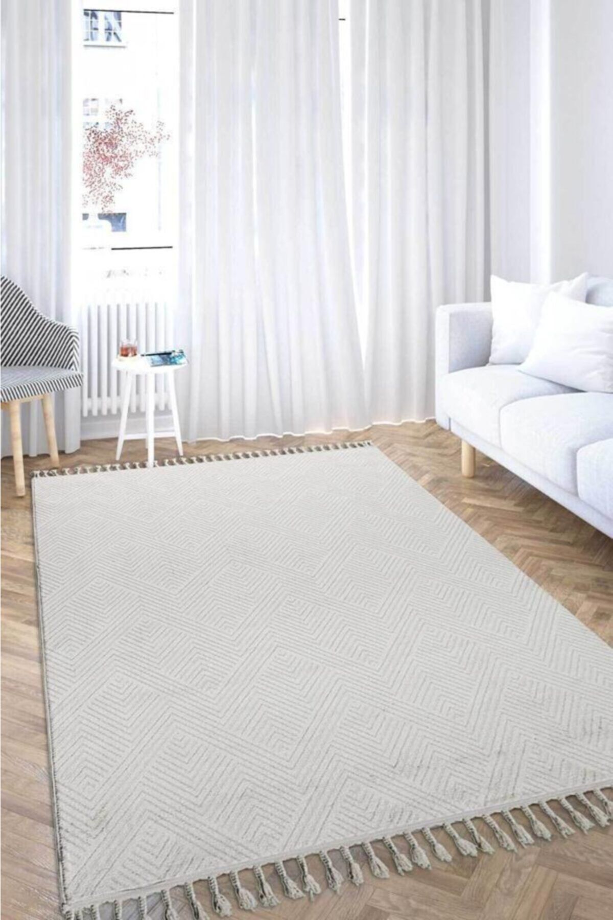 Halilarburda Eko Halı Urban 01 Beyaz Etnik Desen Yumuşak Dokulu Modern Yolluk Salon Koridor Mutfak Halısı