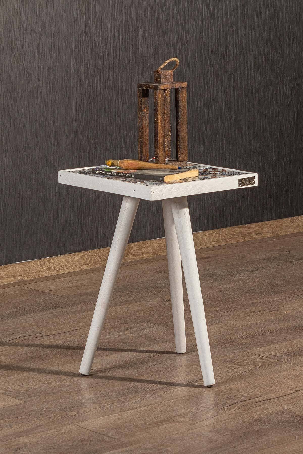 bluecape Esperanza Beyaz Sehpa 32x32cm Doğal Masif Seramik Yan Sehpa Salon Mobilya
