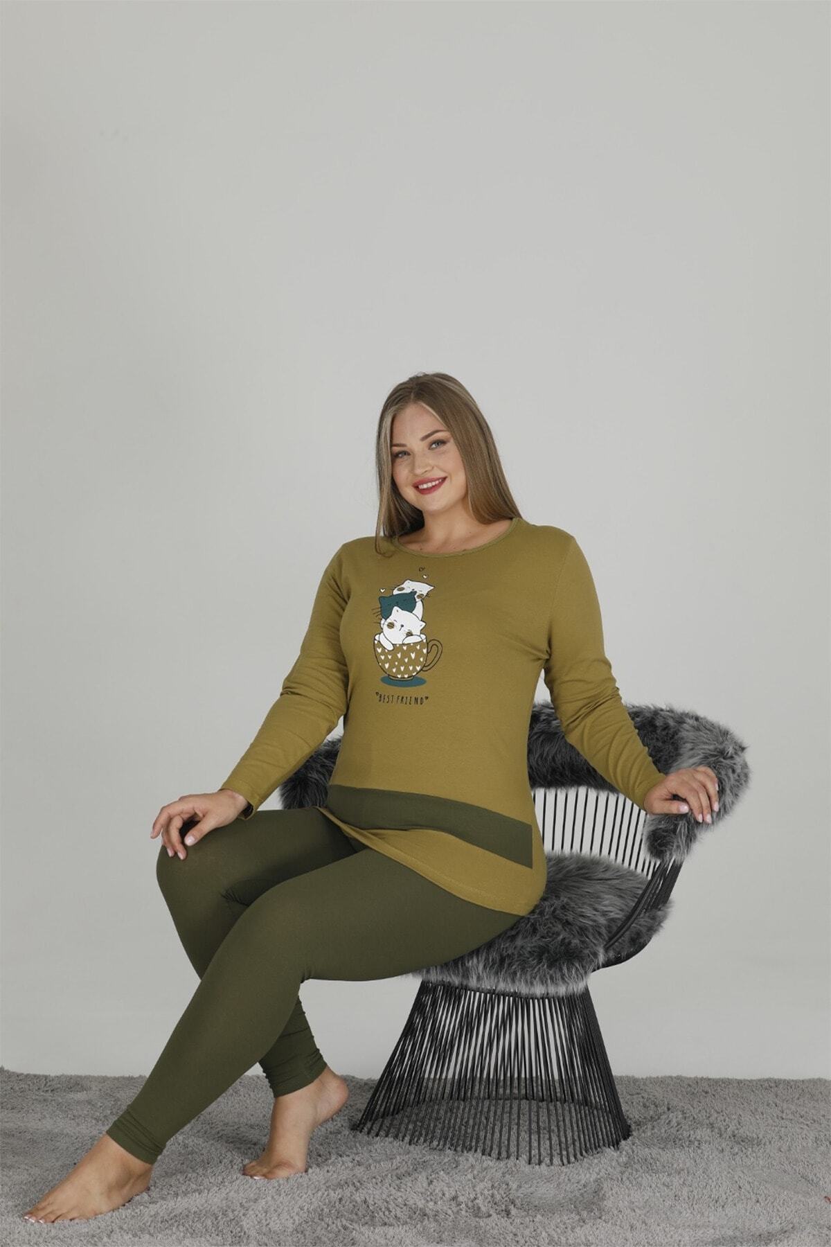 Penyelux Kadın Haki Desenli  Büyük Beden Pijama Takımı