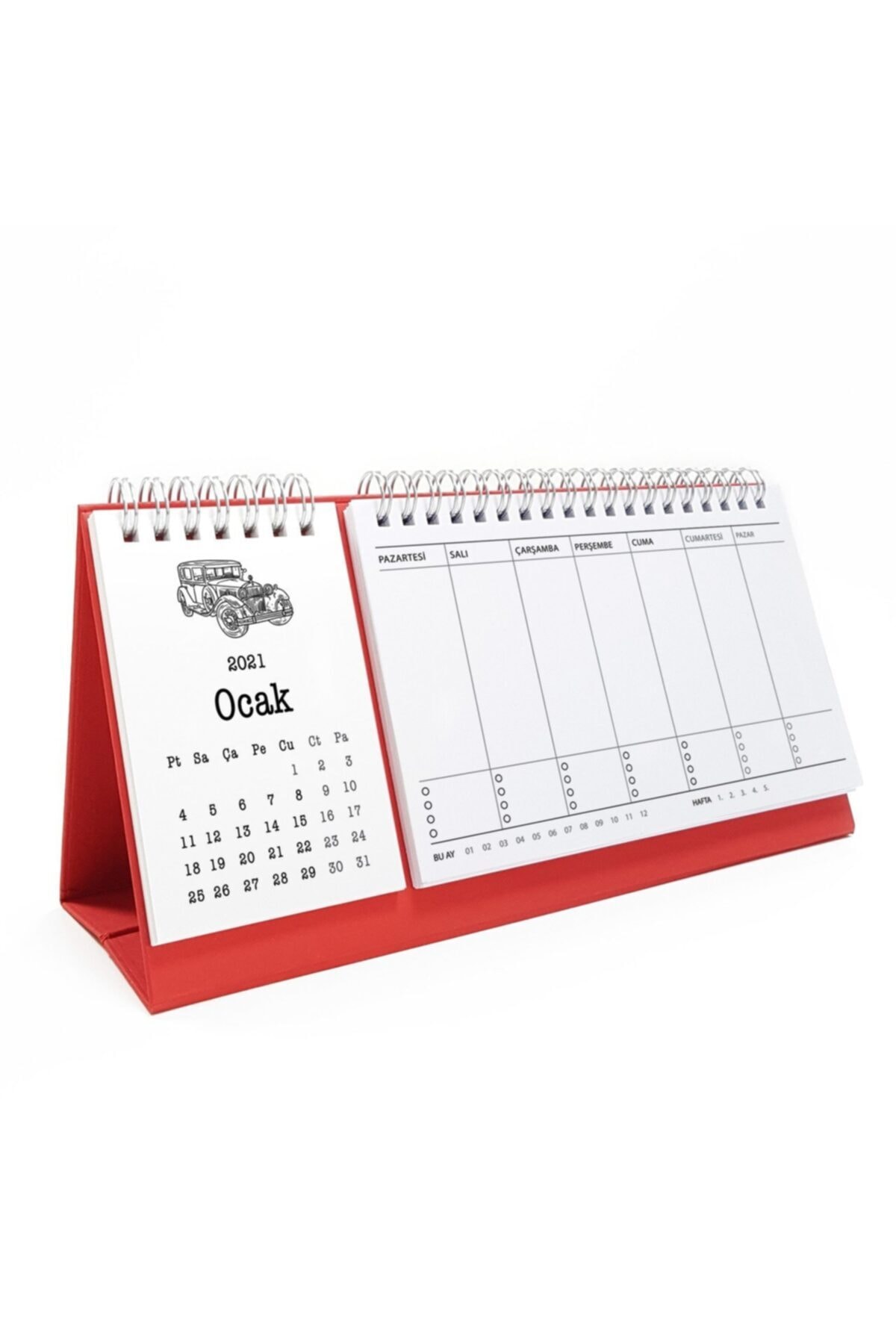 bi'aldım Kırmızı Beyaz Klasik Arabalar Haftalık Planlamalı Masa Takvimi