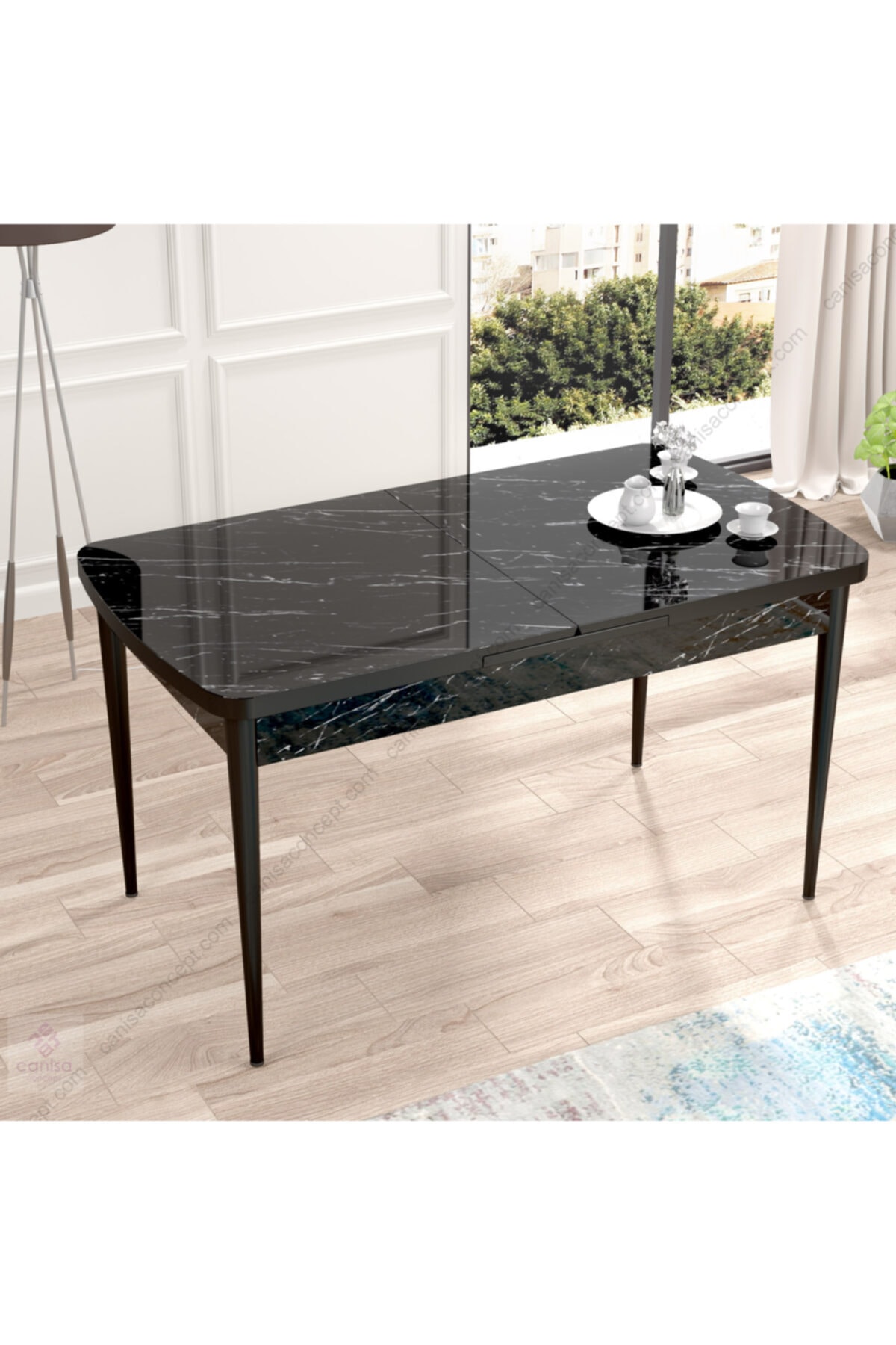 Canisa Concept Canisa Eva Serisi Mdf Siyah Mermer Desen,ahşap Siyah Ayaklı Açılabilir Üst Kalite Mutfak Masası