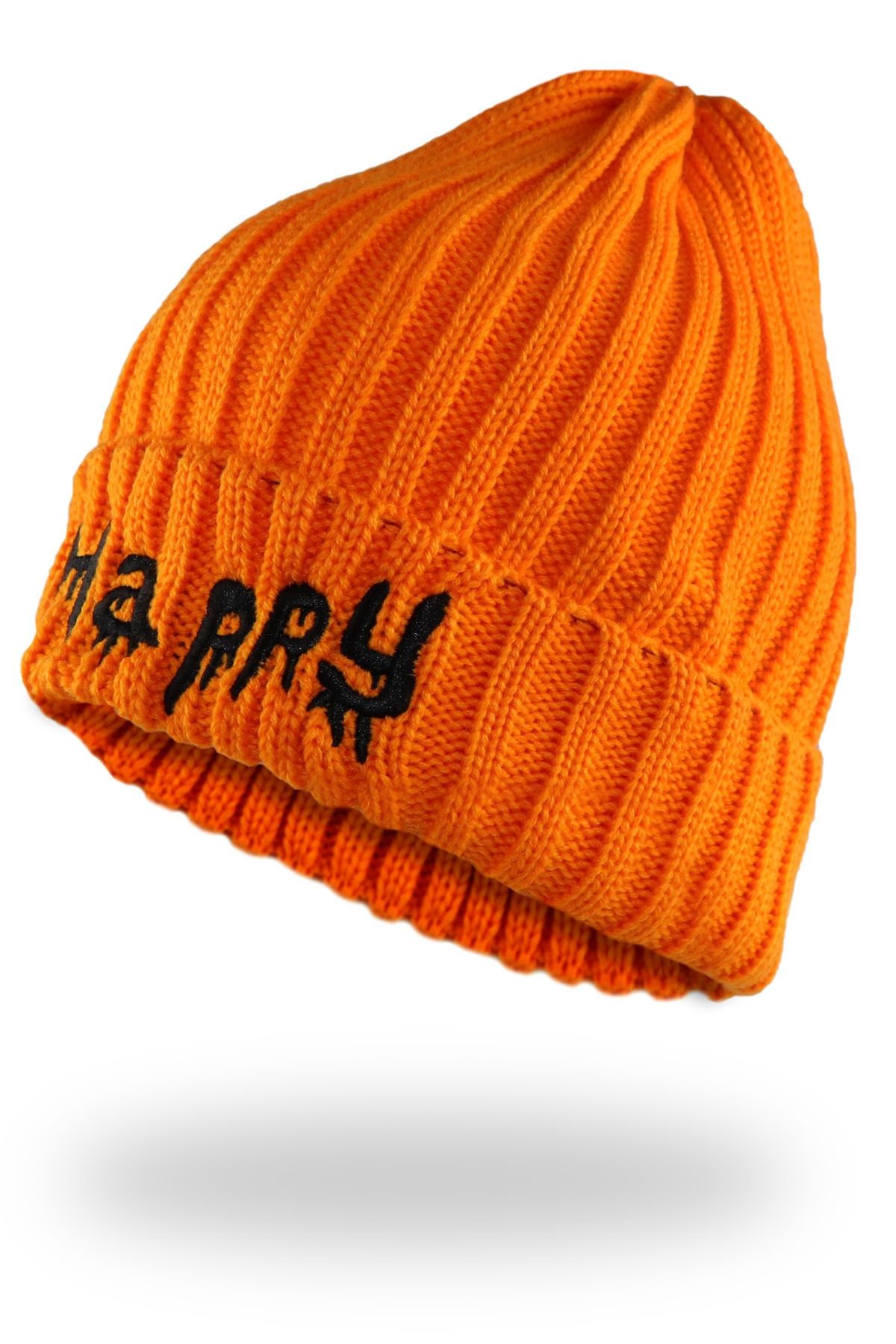 zirve şapka Unisex Turuncu Kışlık Fitil Dokumalı Happy Bere