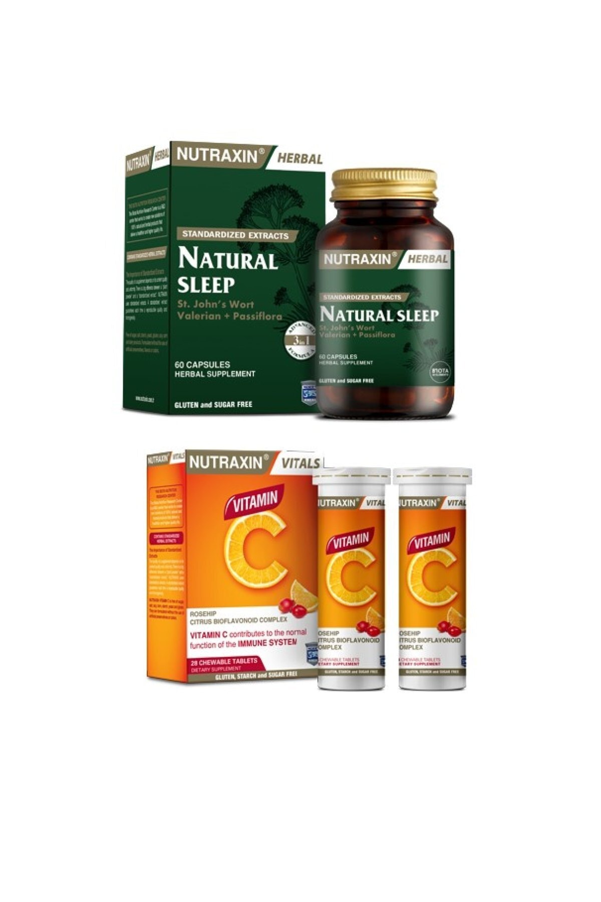Nutraxin Naturel Sleep Uyku Düzenleyici Bitkisel Hap 60 Kapsül + C Vitamini 28 Çiğneme Tableti