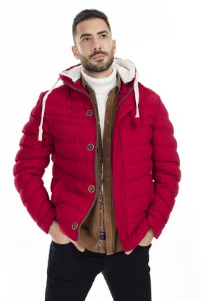 Buratti Erkek Kırmızı Kap&uuml;şonlu Fermuarlı Cepli Slim Fit Mont 55618K5071