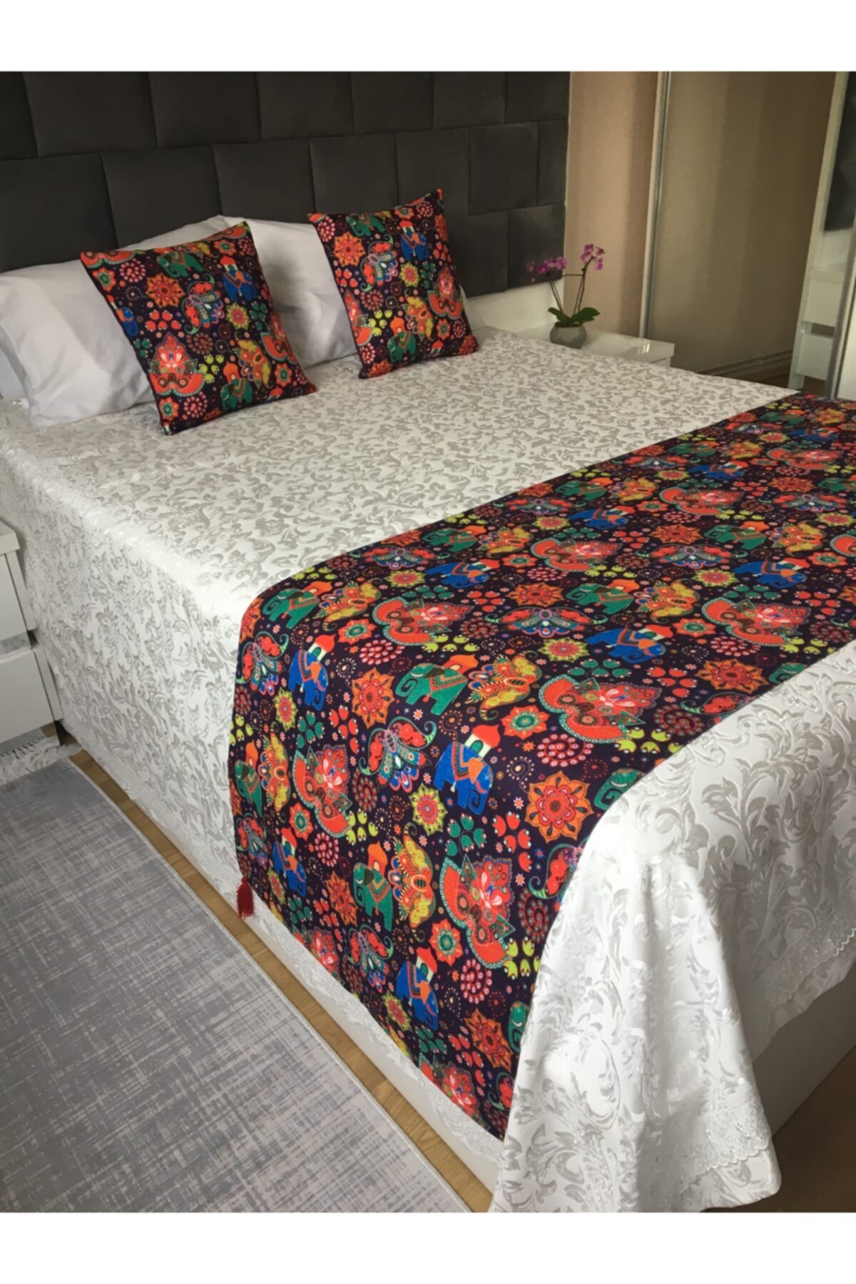 mer home renkli etnik fil desenli yatak runner takimi fiyati yorumlari trendyol