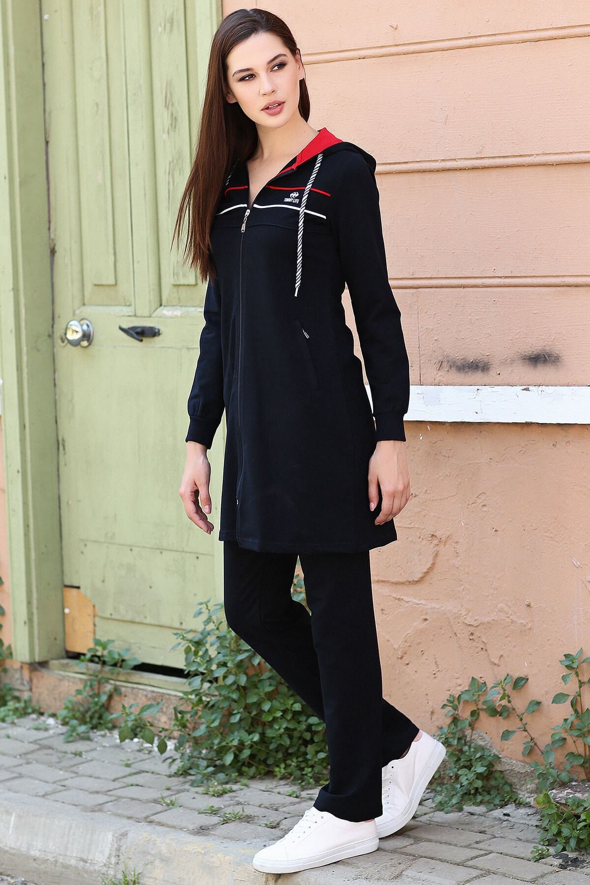 Tommy Life Kapüşonlu Çizgili Lacivert Tesettür Tunik Takım 95131