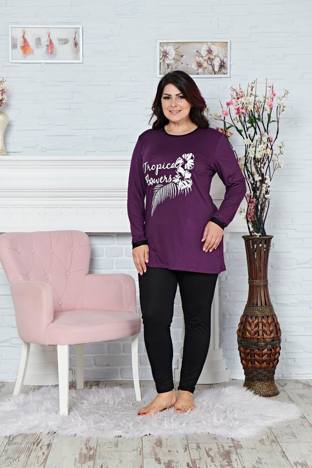 HAYAL Kadın Mor Büyük Beden 2 Li Taytlı Pijama Takımı - Bellamood 1380