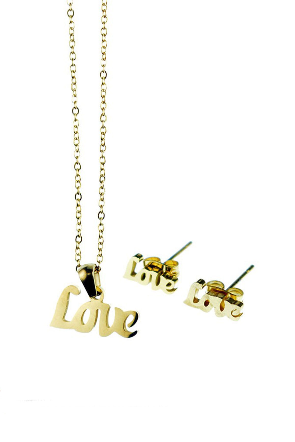 staınless steel Kadın Altın Çelik Kolye Küpe Set Love Modeli