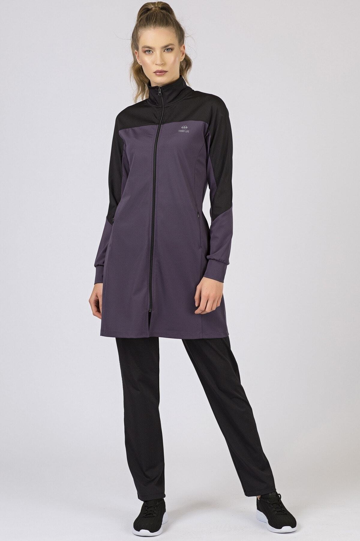 Tommy Life Kadın Mor Siyah Ön Garnili Micro Dalgıç Eşofman Takım