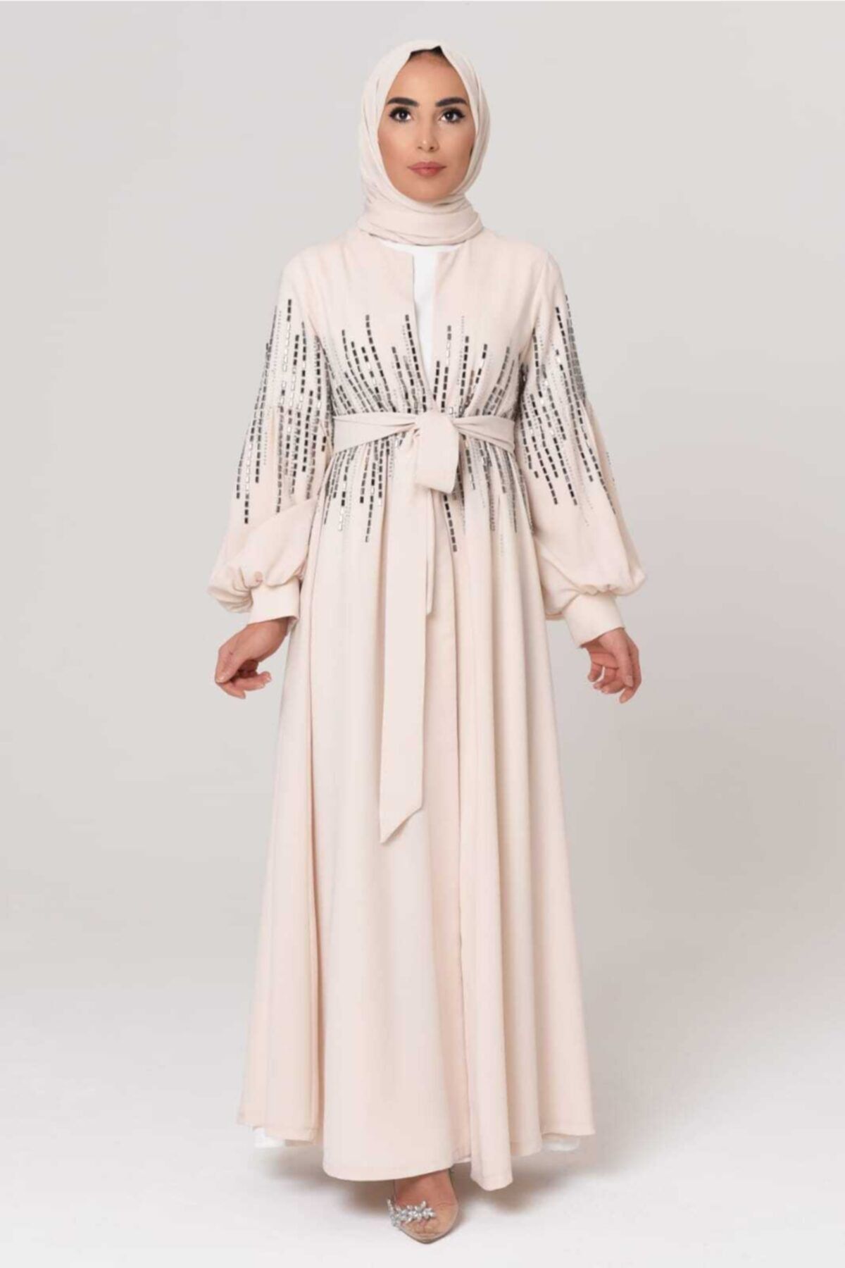 White Corner Taş Işlemeli Bej Abaya