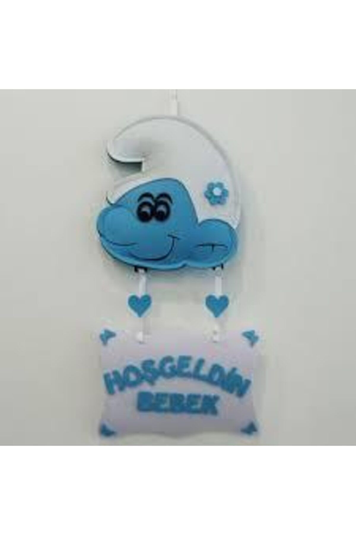 renklibalonpartystore Mavi Şirinler Hoşgeldin Bebek Yazılı Keçe Kapı Süsü