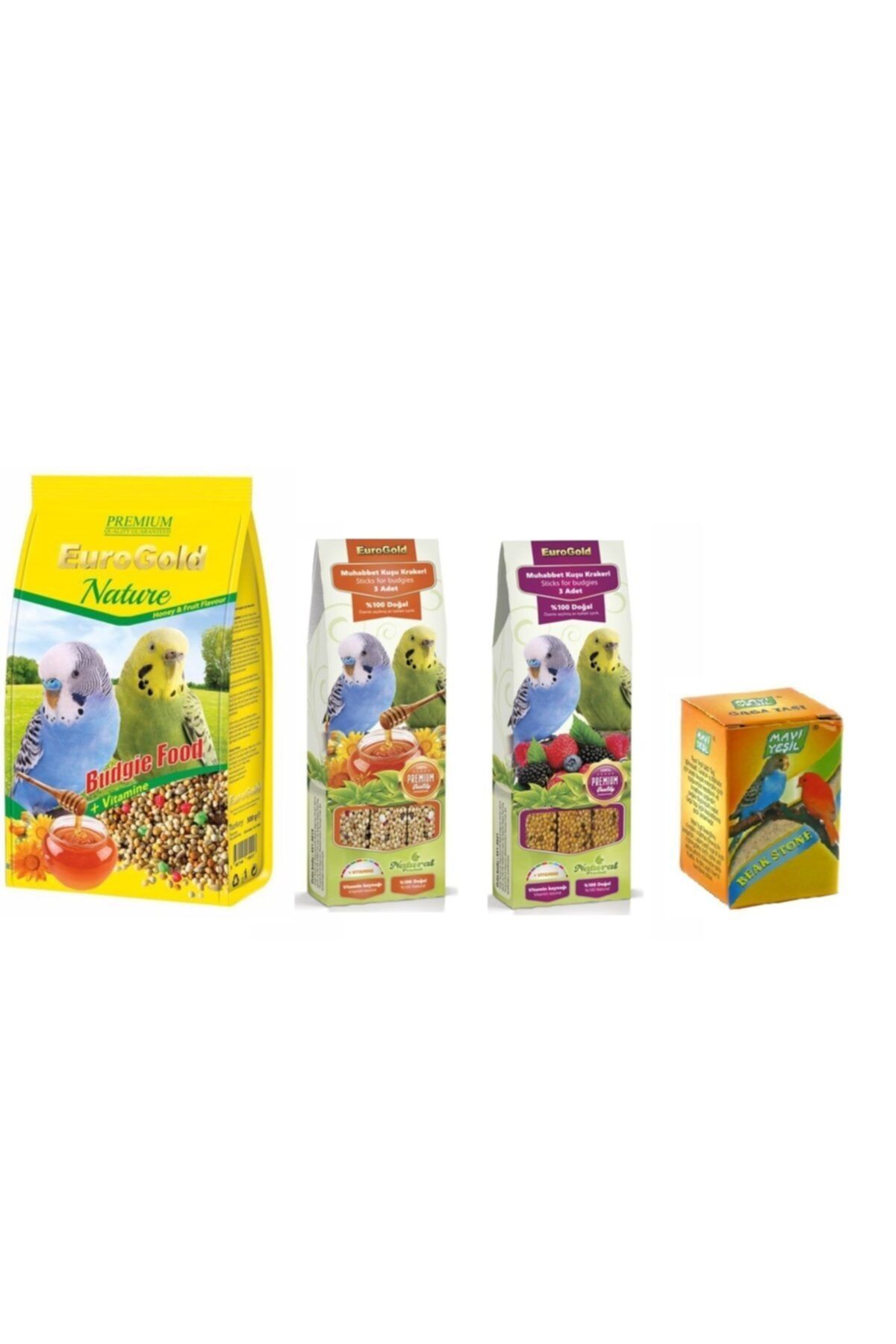 EuroGold Muhabbet Kuşu Bakım Seti-500g Ballı Yem +3'lü Ballı Kraker+3'lü Meyveli Kraker+ Gaga Taşı