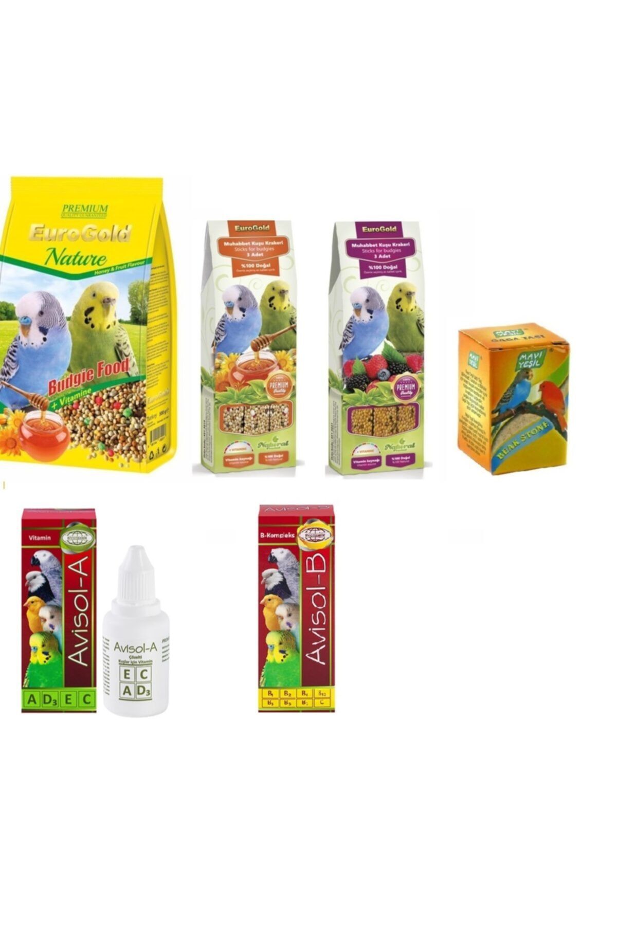 EuroGold Muhabbet Kuşu Bakım Seti-500g Ballı Yem +3'lü Ballı Kraker+3'lü Meyveli Kraker+avisol A,b +gaga Taşı