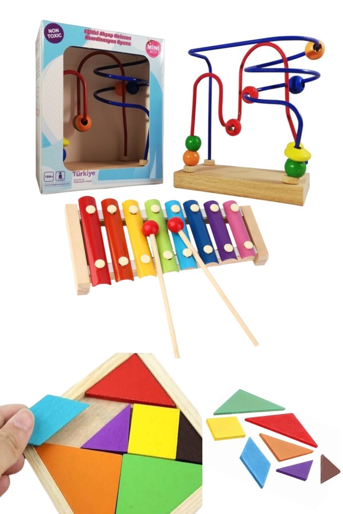 RoseRoi Ahşap 8'li Selefon Ksilofon+mini Helezon Koordinasyon Oyunu+tangram Set
