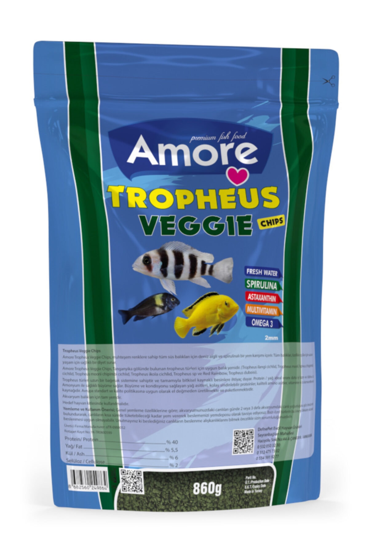 AMORE Tropheus Veggie Chips Tanganyika Malawi Bitkisel Algae 860 G Spirulina Sarımsak Balık Yemi