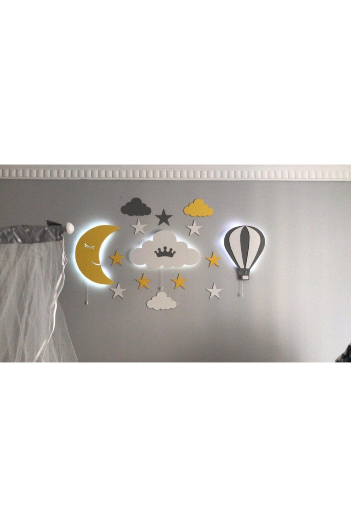 fabrikahşap Dekoratif Ahşap Ay Bulut Balon Gece Lambası Ledli