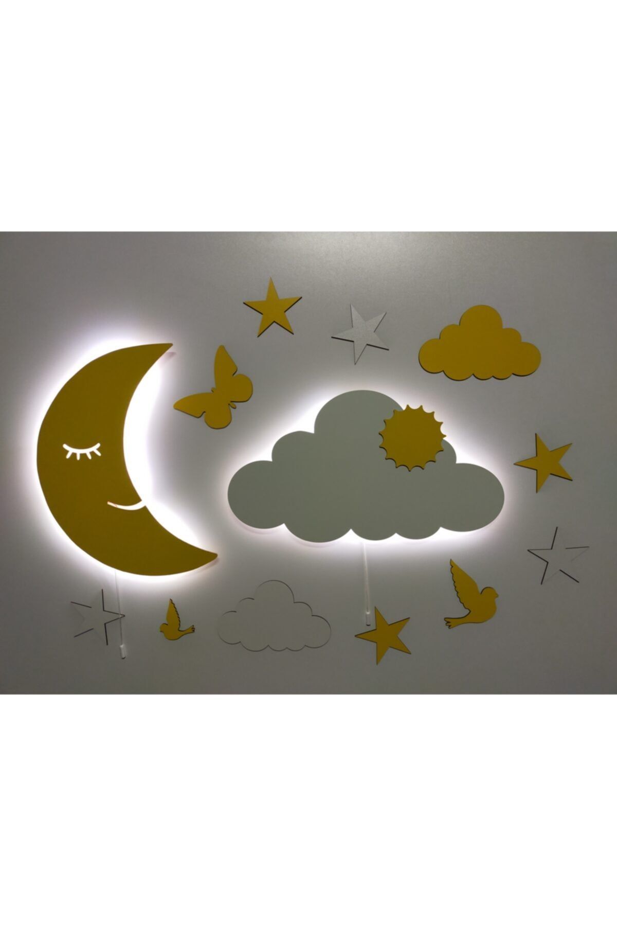 fabrikahşap Dekoratif Ahşap Ay Bulut Gece Lambası Ledli