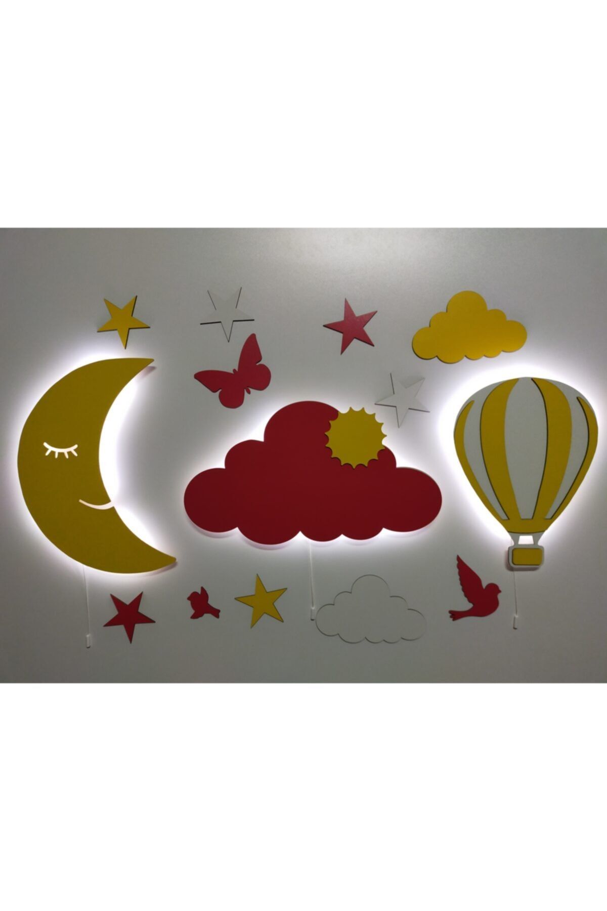 fabrikahşap Beyaz Dekoratif Ahşap Ay Bulut Balon Gece Lambası Ledli 3lü Set