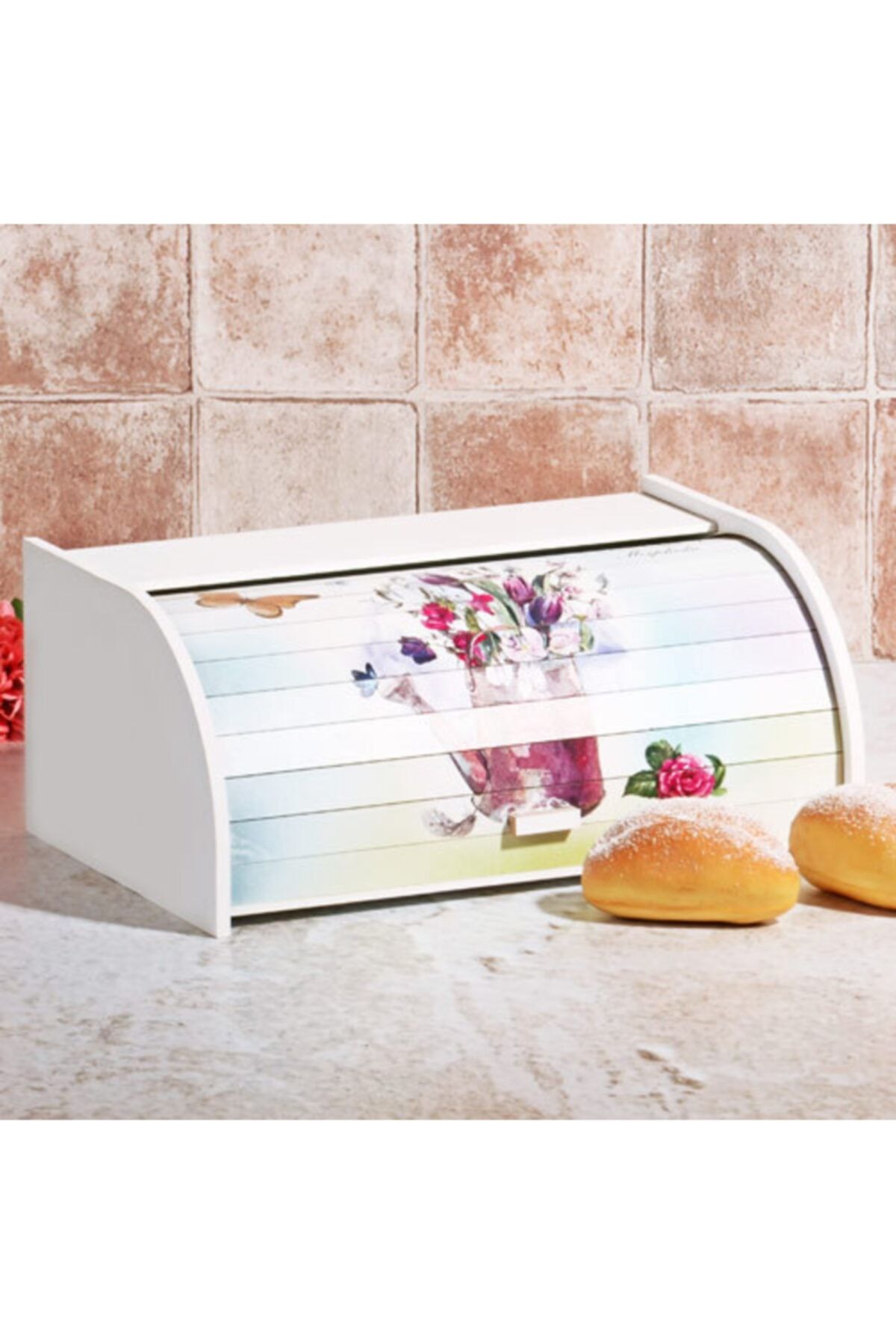 Mavikuğu Dekoratif Ahşap Ekmek Dolabı Çiçek Desenli Ekmeklik Beyaz