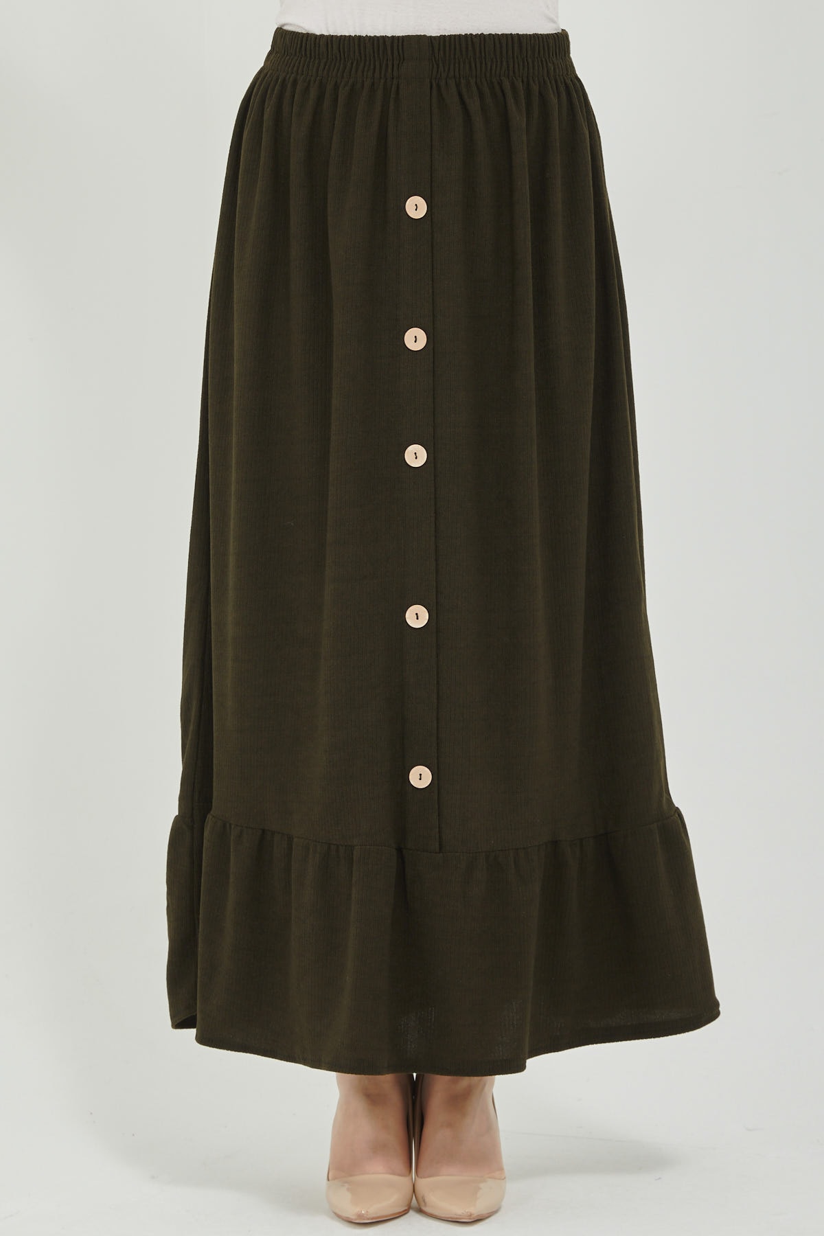 Sezici Giyim Yeşil Fitilli Kadife Düğme Detaylı Maxi Boy Kışlık Etek