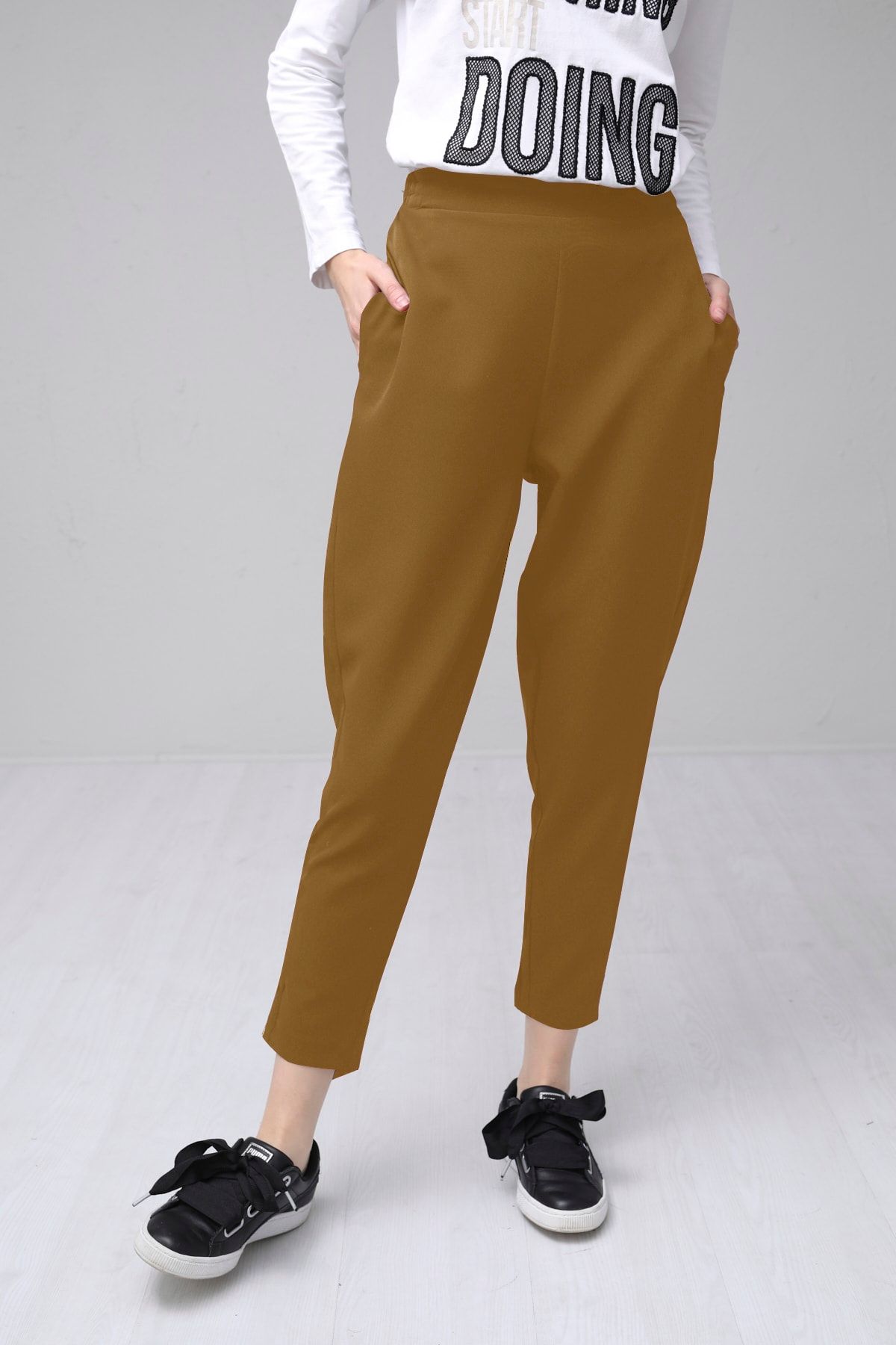Moodbasic Kadın Hardal Havuç Kesim Krep Pantolon