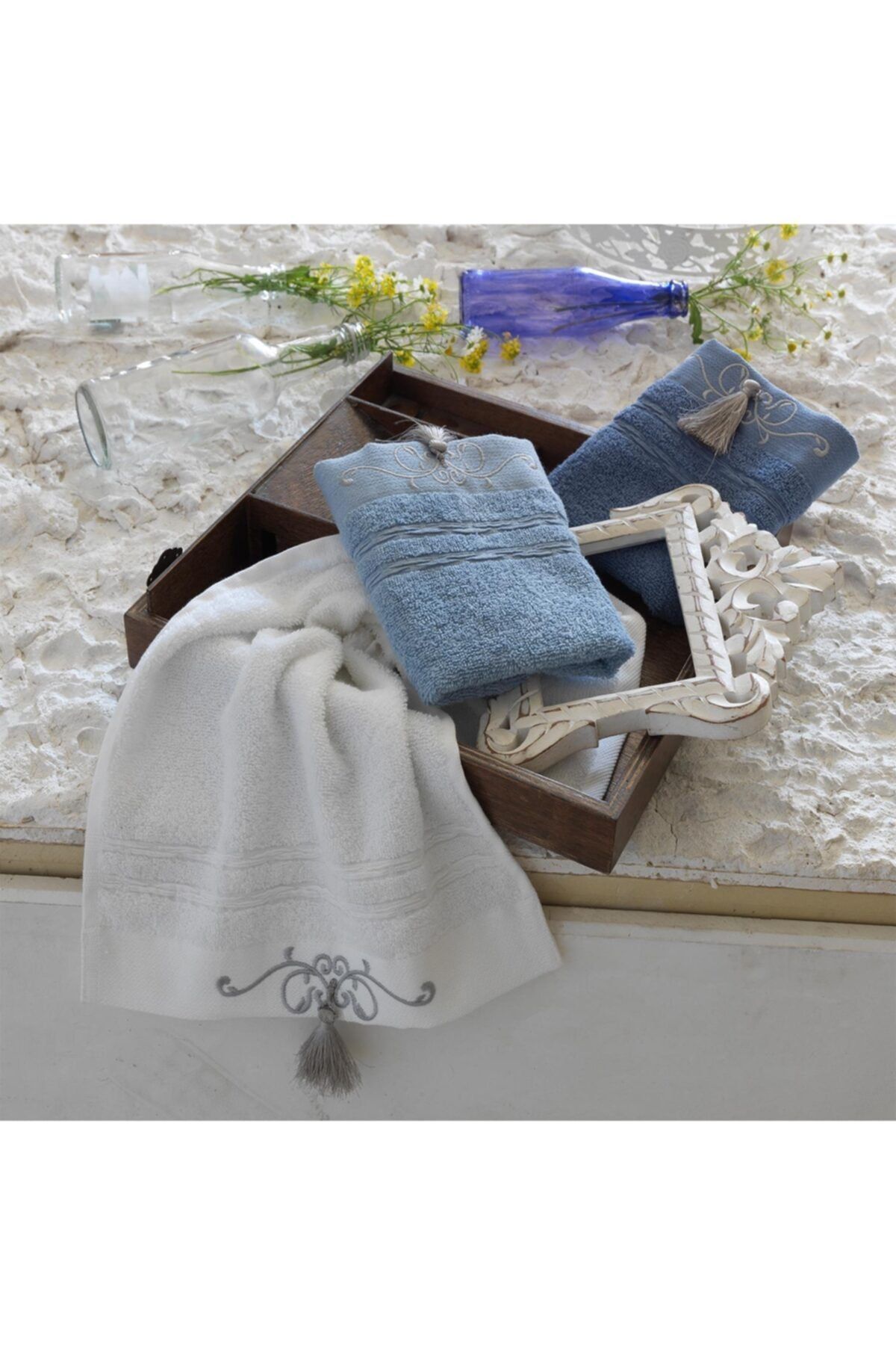 Ecocotton Emily Beyaz/mavi/açık Mavi Mutfak Havlu Seti