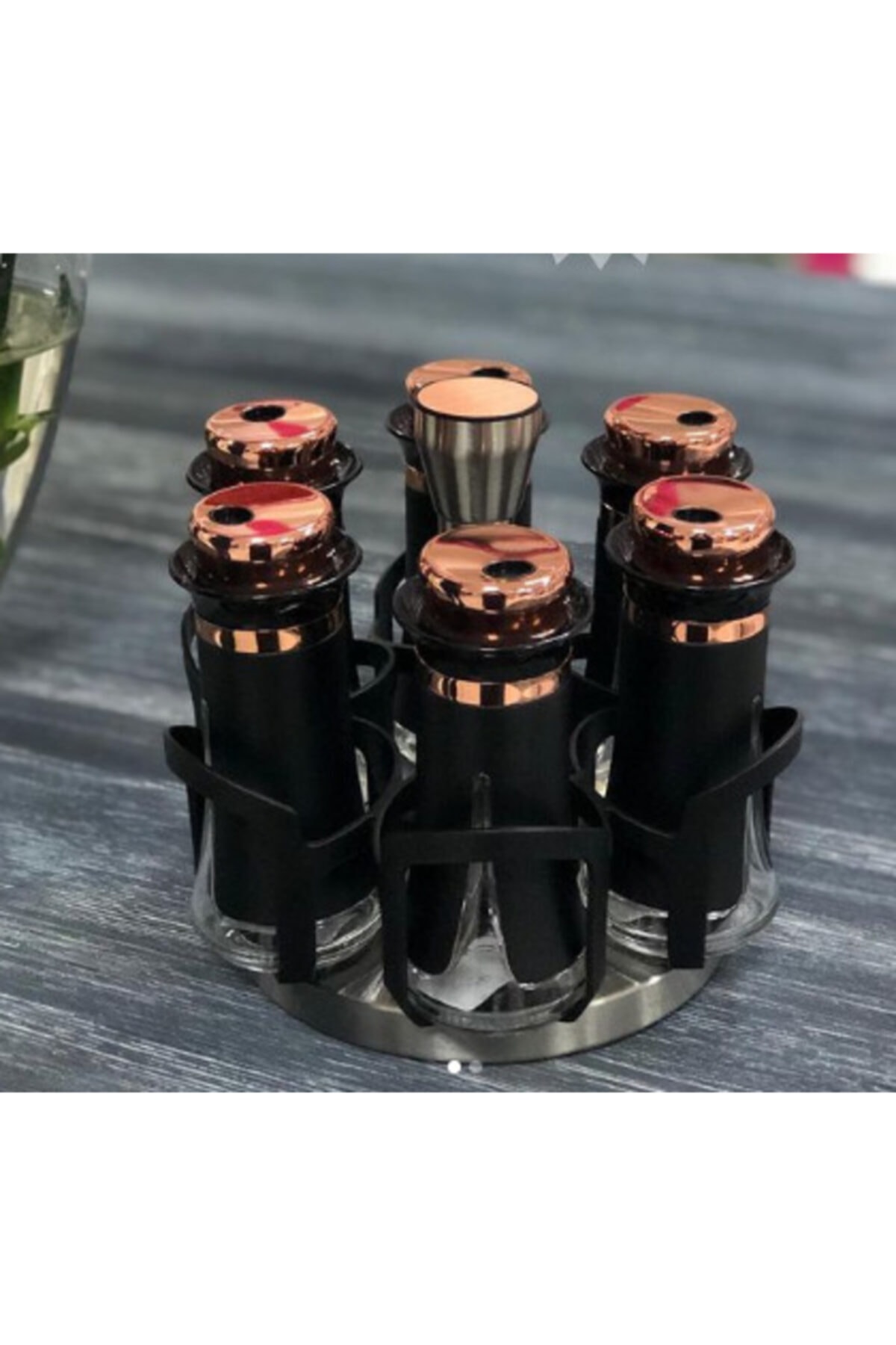 CEZVE HOME Acar Baharat Takımı 6 Lı Doner Standlı Metal Kapak Siyah Beyaz