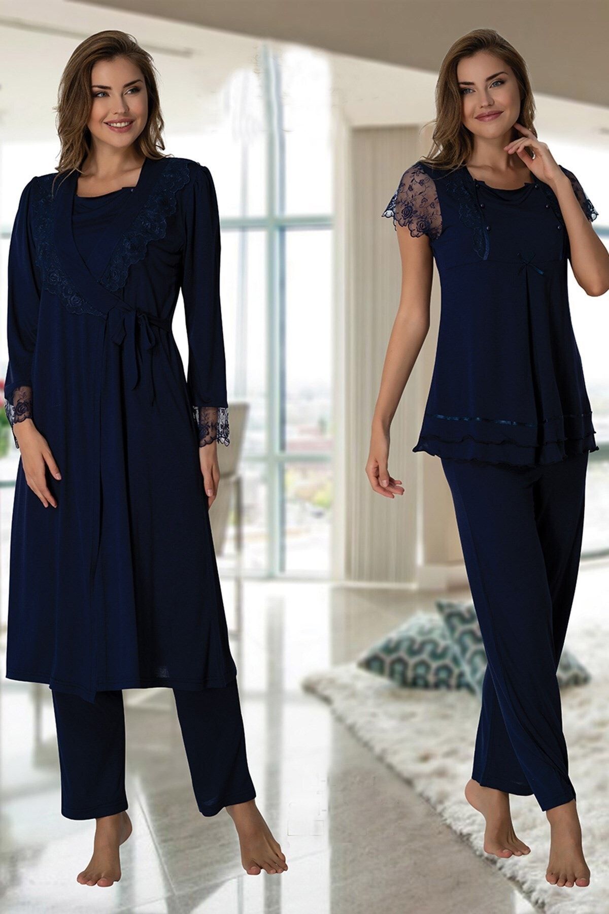Effort Pijama Effortt 2054 Lacivert Dantel Detaylı Sabahlıklı Lohusa Pijama Takımı