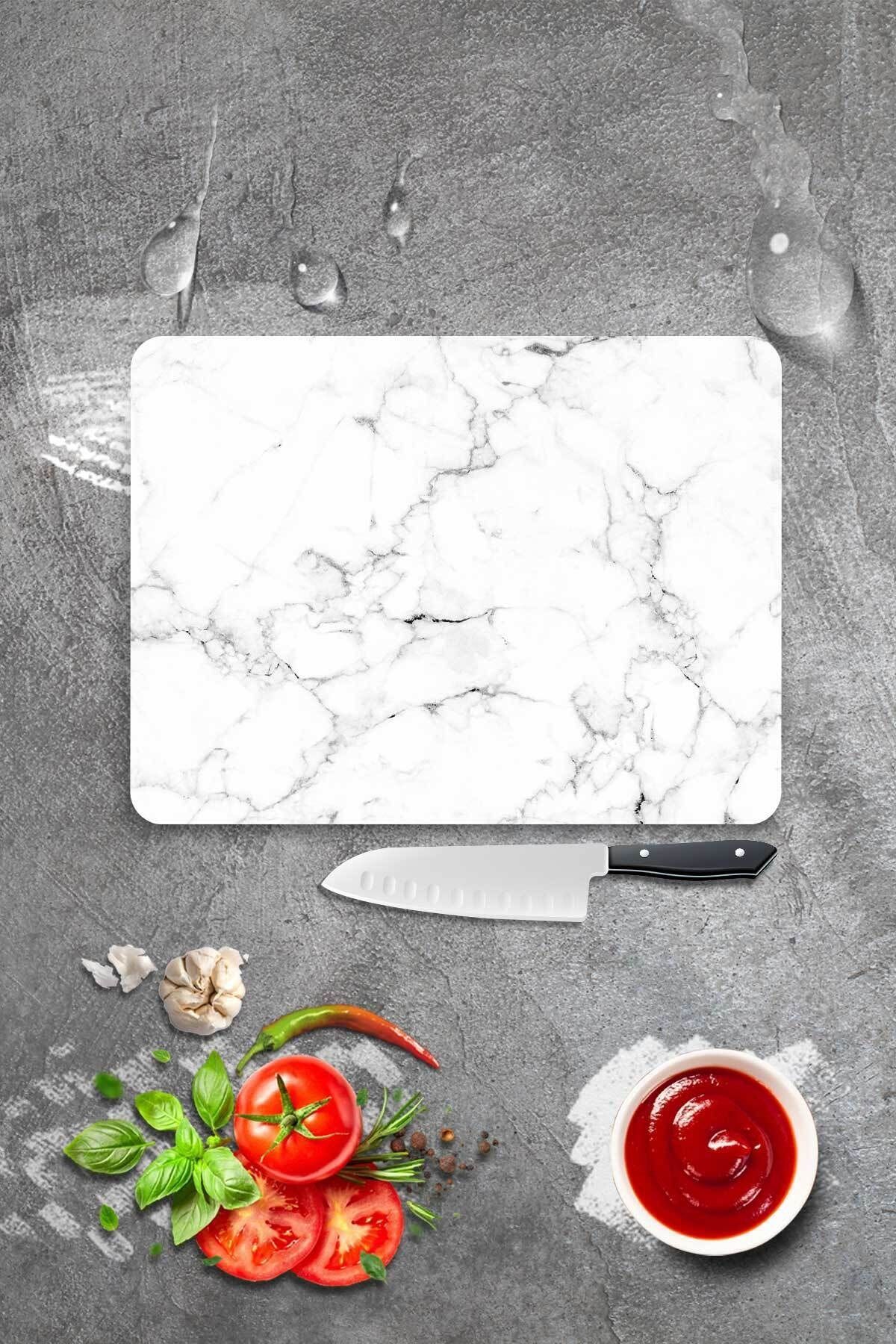 AynaEvim Beyaz Mermer DesenliGüvenli Cam Kesme Tahtası - Baskılı Cam Tahtası25 X 35 Cm