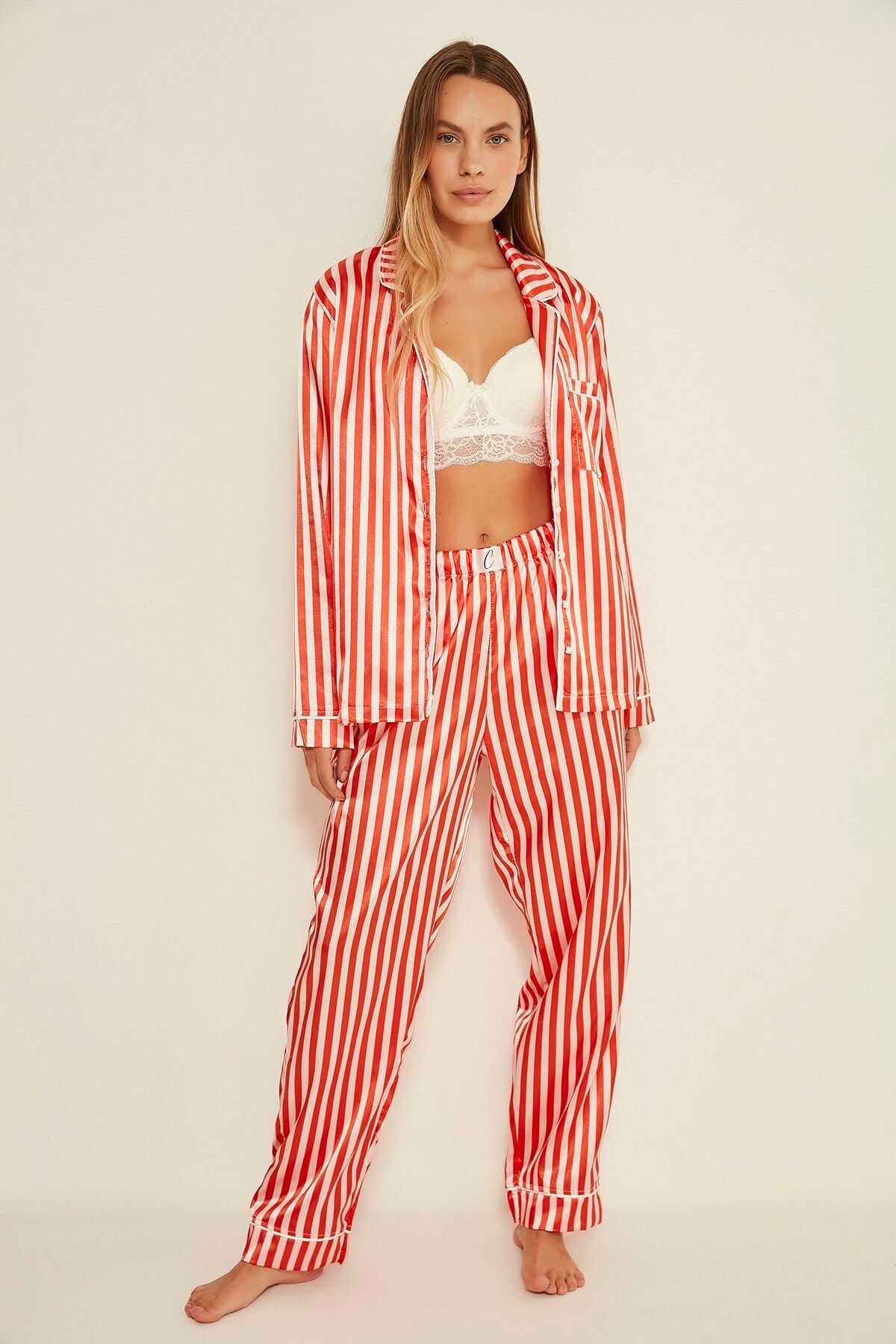 C&City Ruby Preston Kadın Saten Pijama Alt Kırmızı/ekru