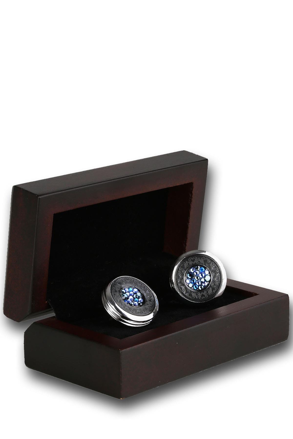 Kravatkolik Gümüş Mavi Taşlı Kol Düğmesi Kd1192