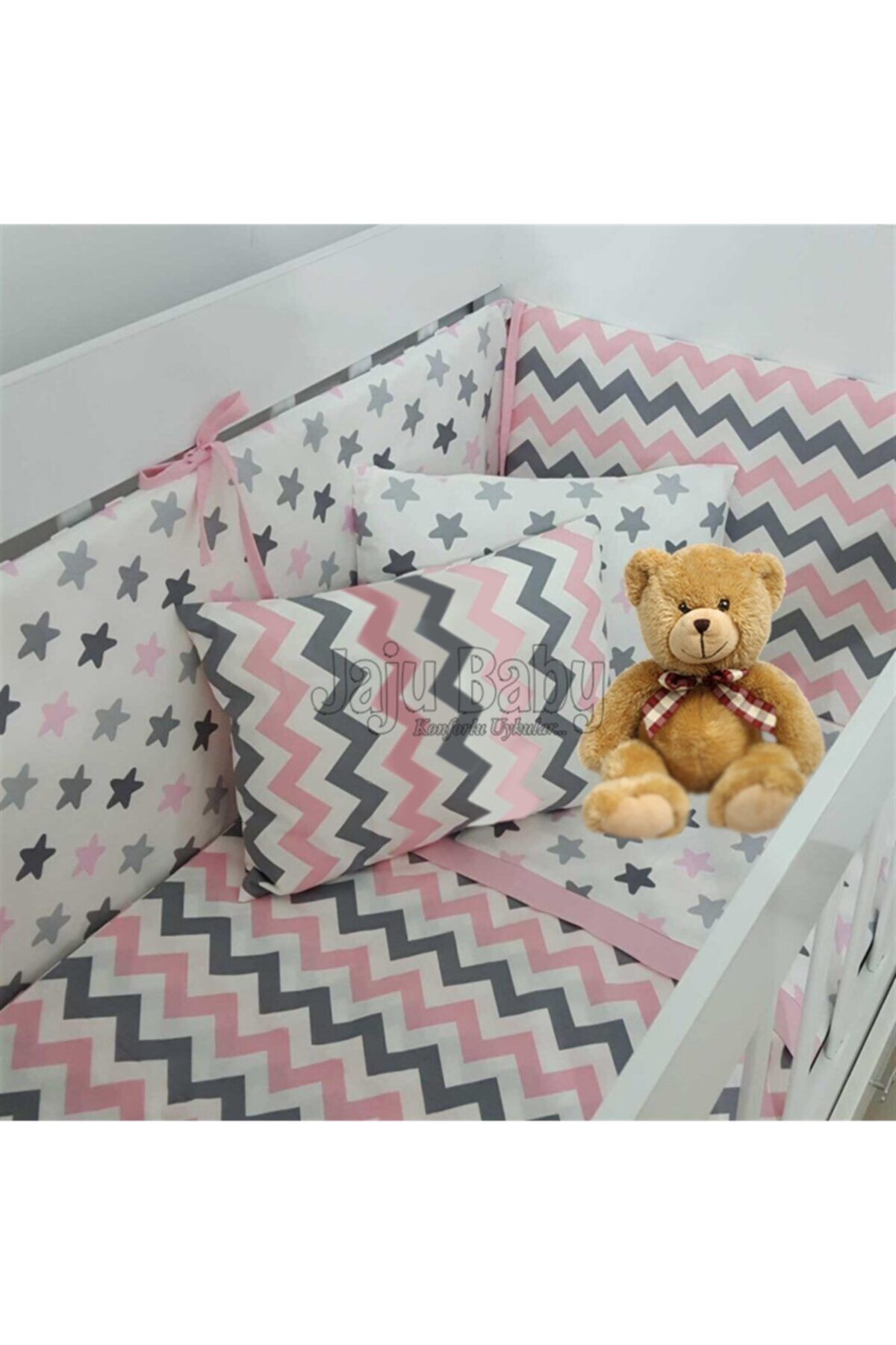 Jaju Baby Pembe Zikzaklı Yıldızlı Bebek Nevresim Takımı Ve Kenar Koruma 60x120