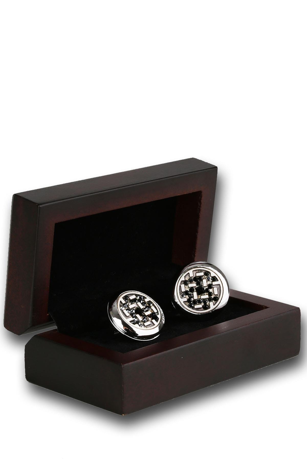 Kravatkolik Erkek Gümüş Renk Siyah Taşlı Kol Düğmesi Kd1229