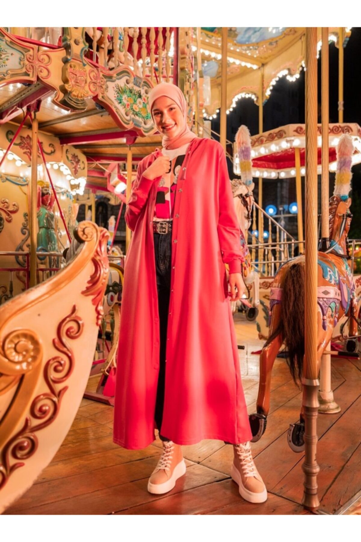 Benin Kapüşon Detaylı Çıtçıtlı Spor Pardesü - Koyu Pembe