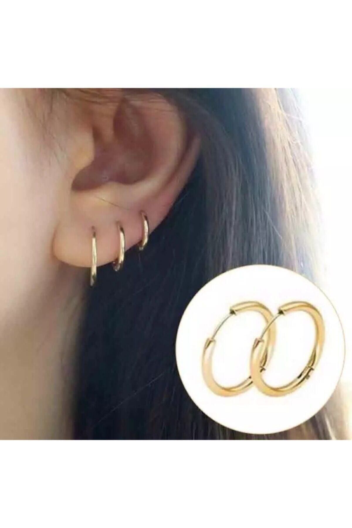 Jaida Moda Gold Renk Cerrahi Çelik Halka Küpe 3 Adet