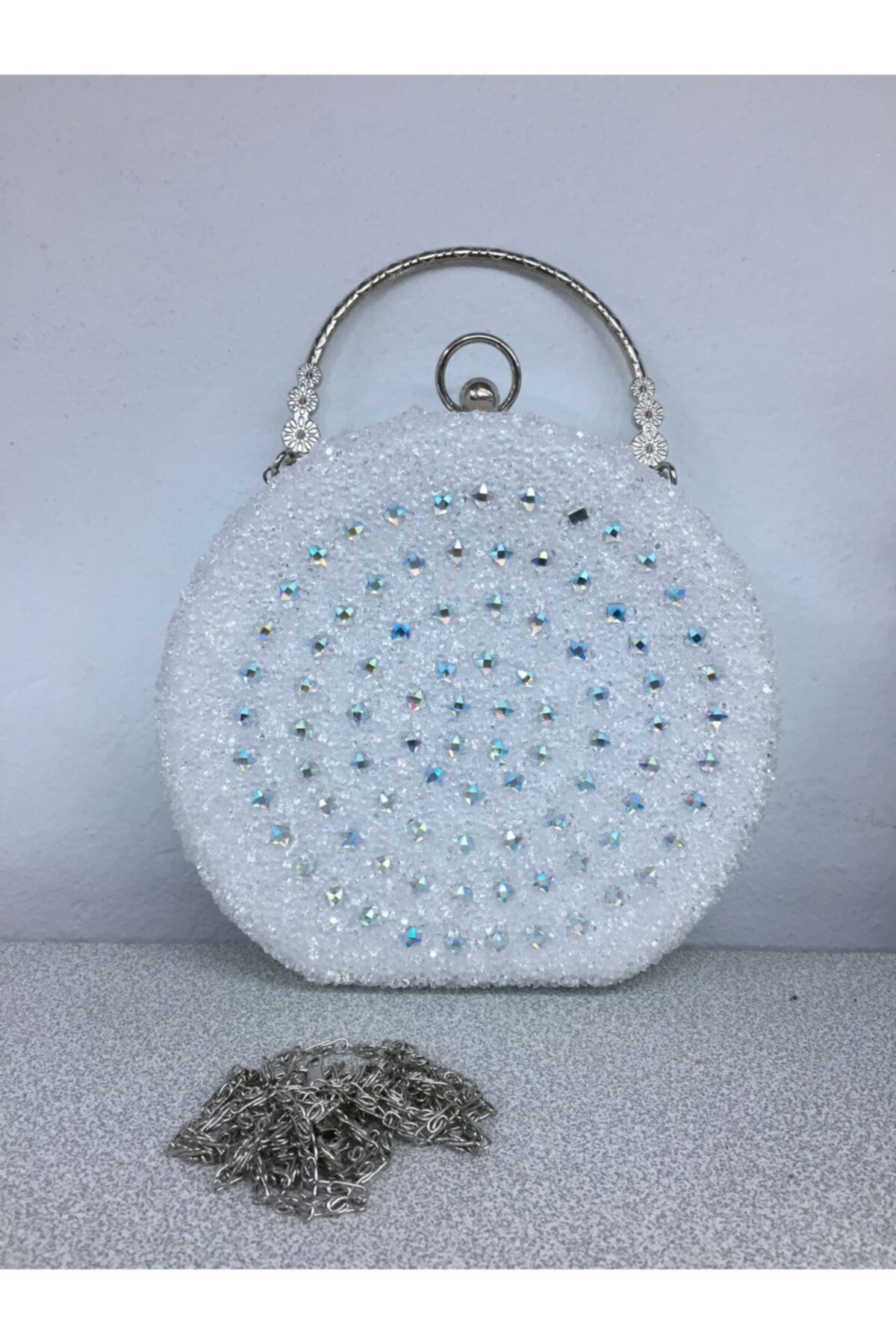 Aqua Yuvarlak Taşlı Beyaz Abiye Çanta