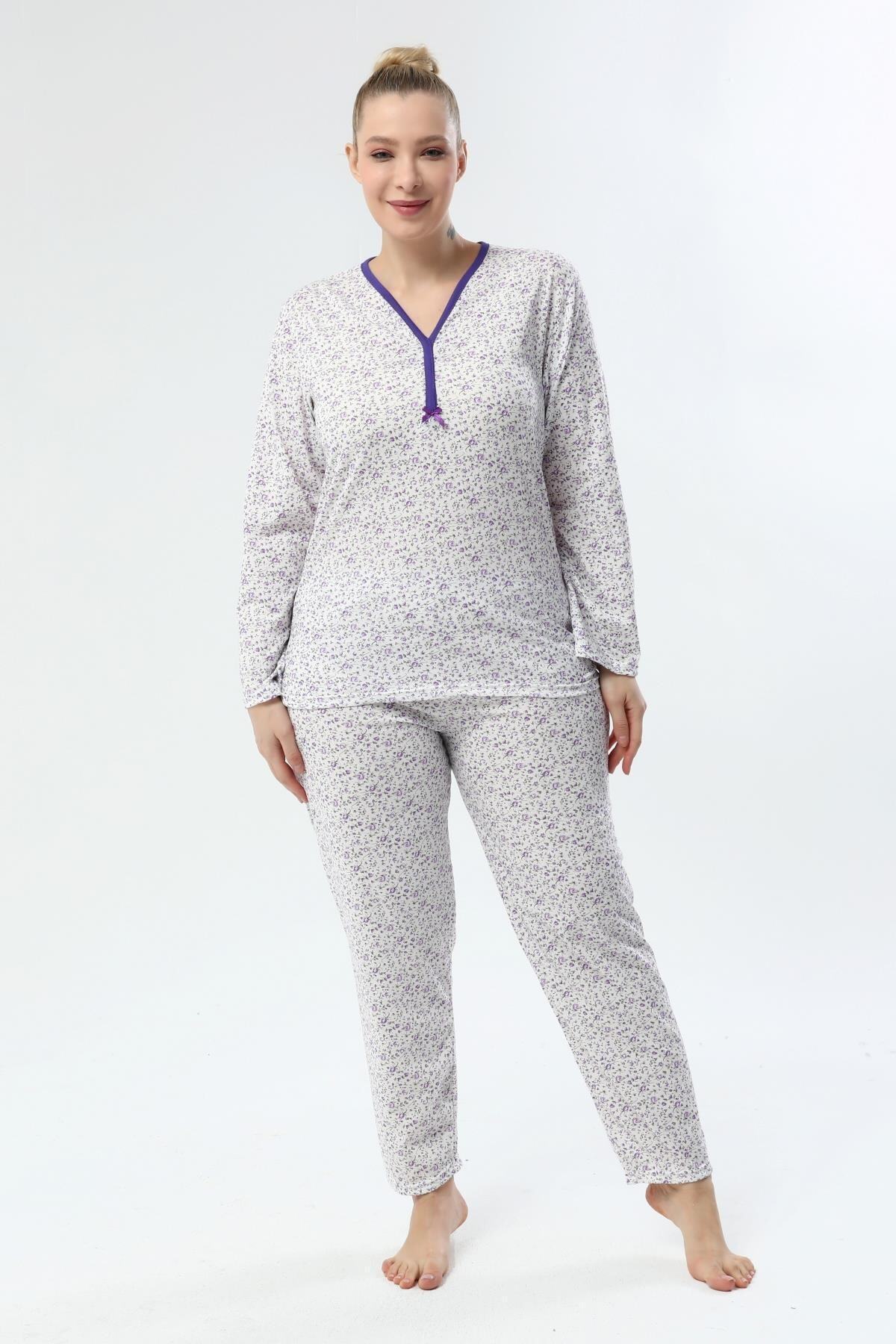 Siyezen Büyük Beden Anne Tarzı Çiçek Baskılı Pamuklu Mor Pijama Takımı