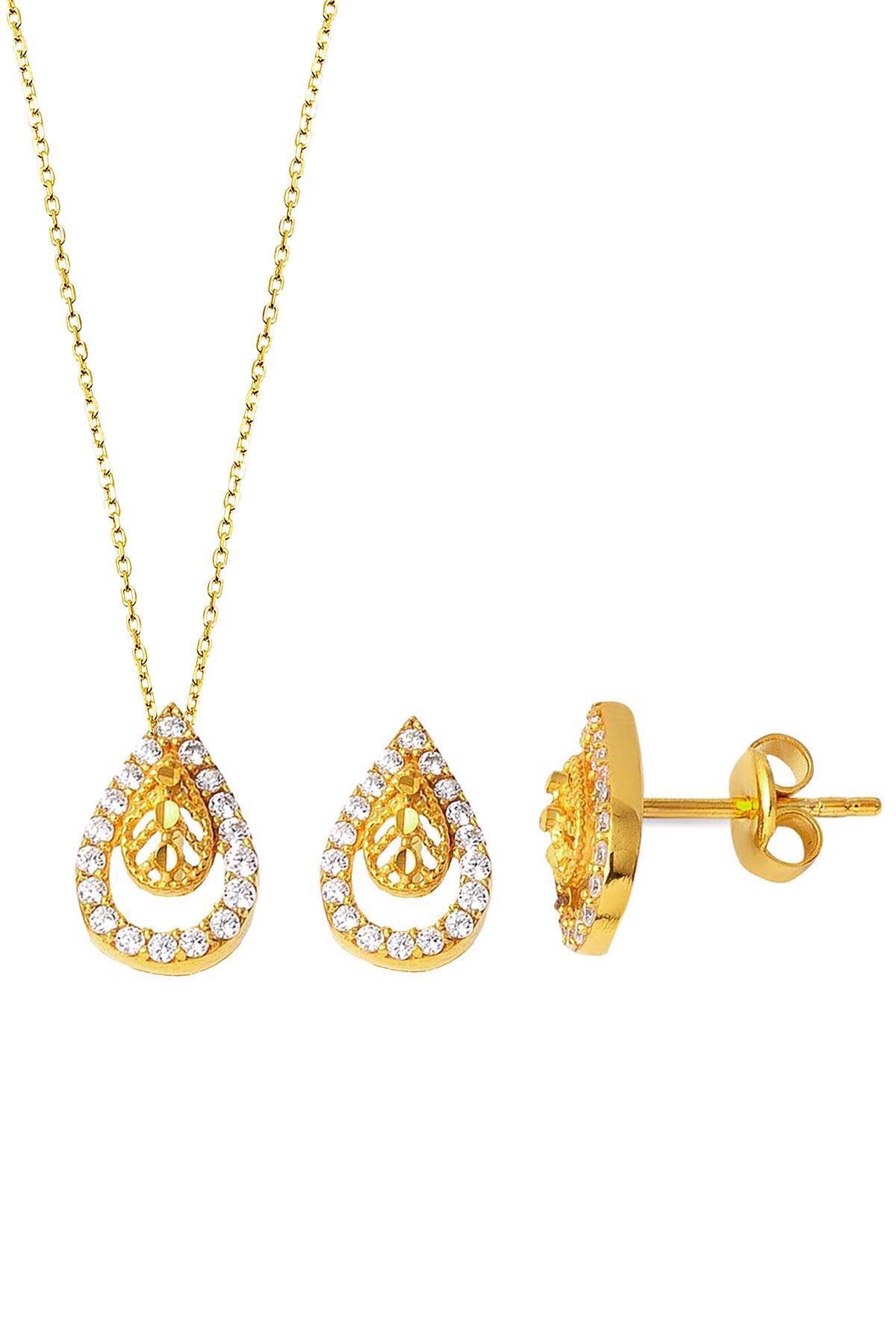 Label Damla Kolye + Küpeli 14 Ayar Altın Mini Set