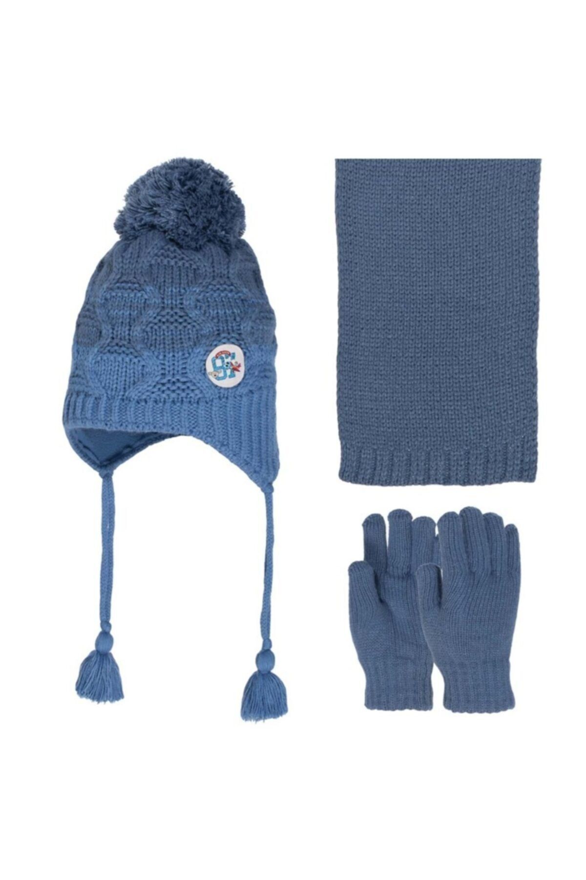 Kitti K2912 Erkek Çocuk 3lü Atkı Bere Eldiven Set Takım 4-8 Yaş Indigo