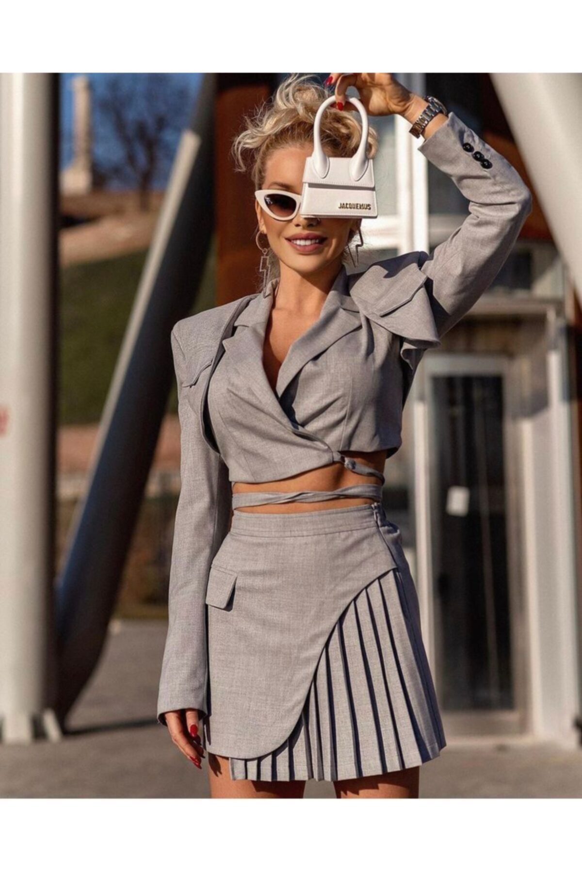 LOVEOFZI Kadın Gri Etek Yelek Ve Ceket Takımı