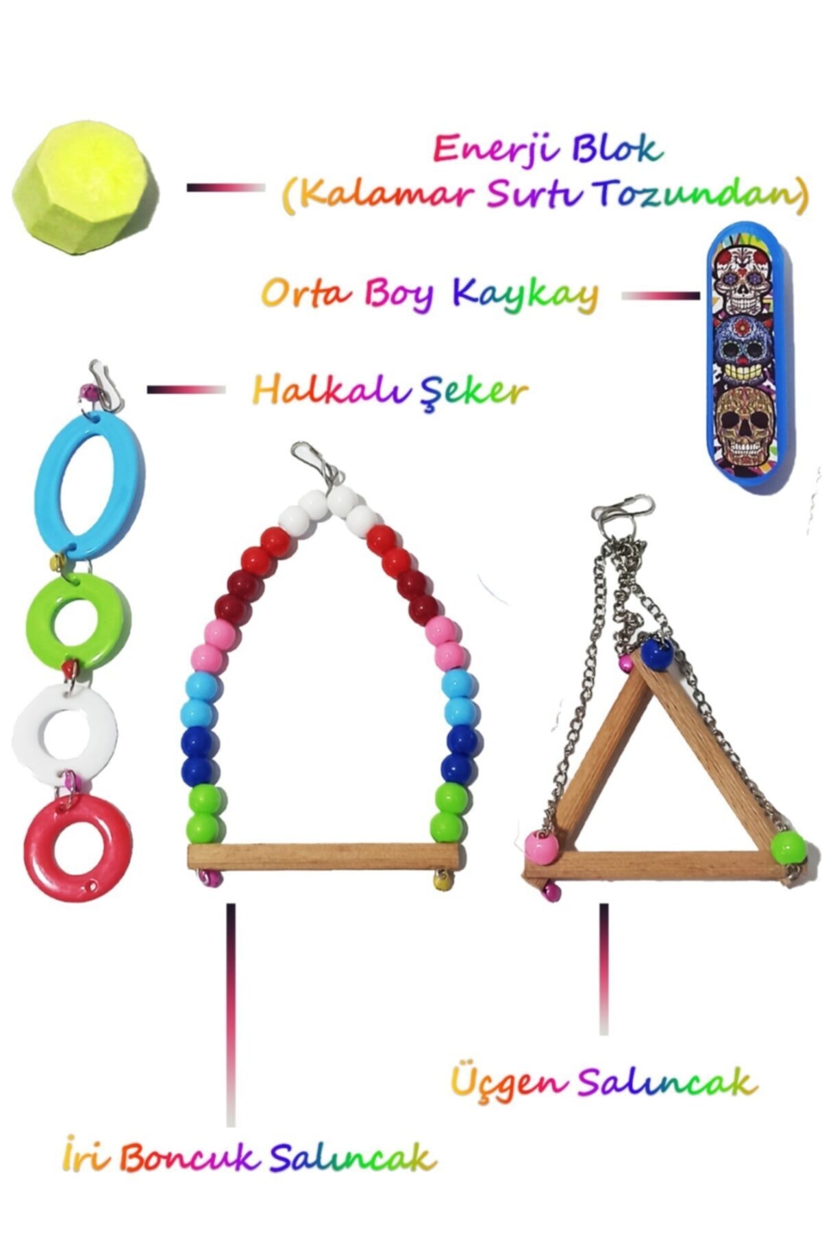 HEKİM PET 5li Kaykaylı Set Kuş Oyuncağı Paketi Kaykay+üçgen+salıncak+enerji Blok+halkalı Şeker