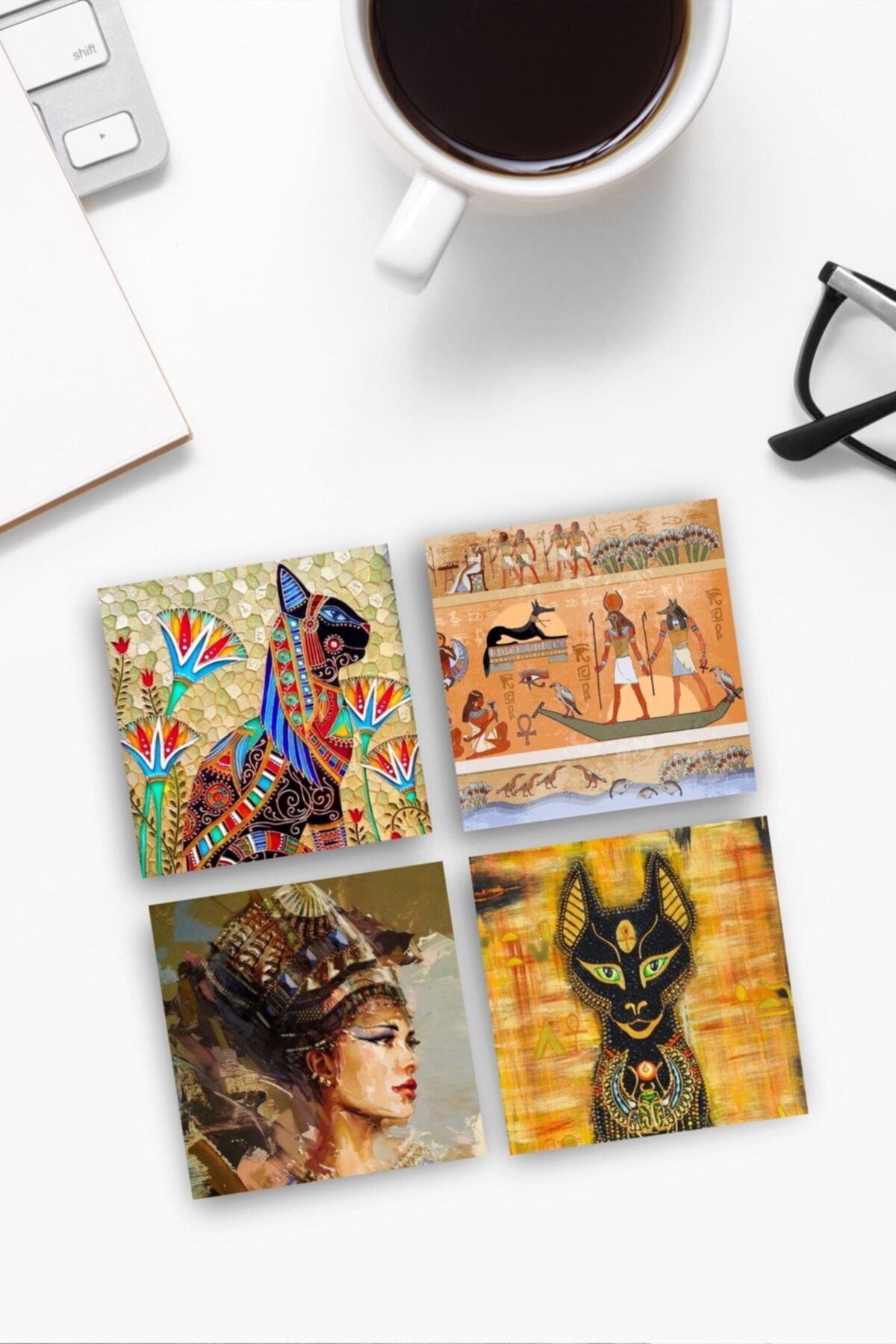 Pinecone Bardak Altlığı Doğal Taş Antik Mısır Özel Baskı Stone Coasters - 4 lü Set(10 Cmx10 Cm)