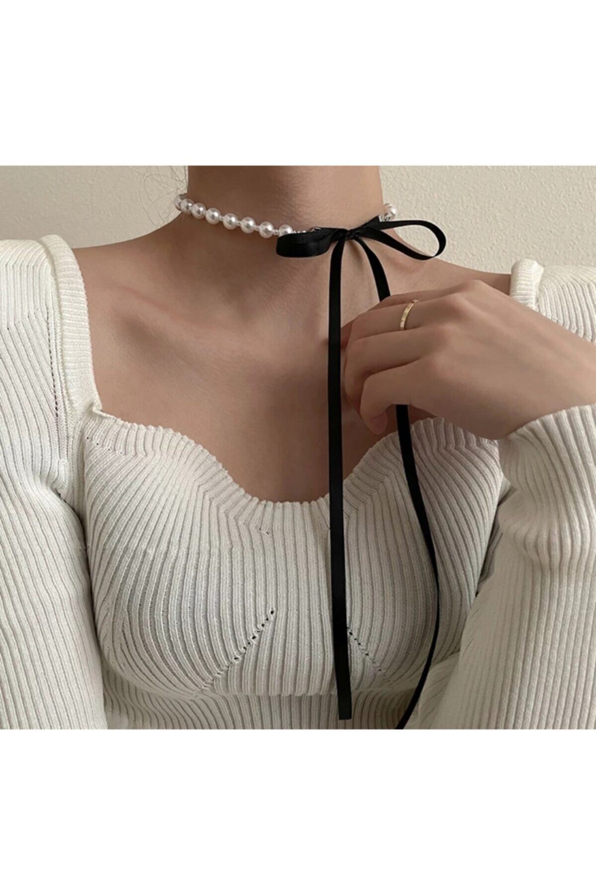 Nishstyle Siyah Kadife Kurdeleli Bujiteri Inci Choker Kolye