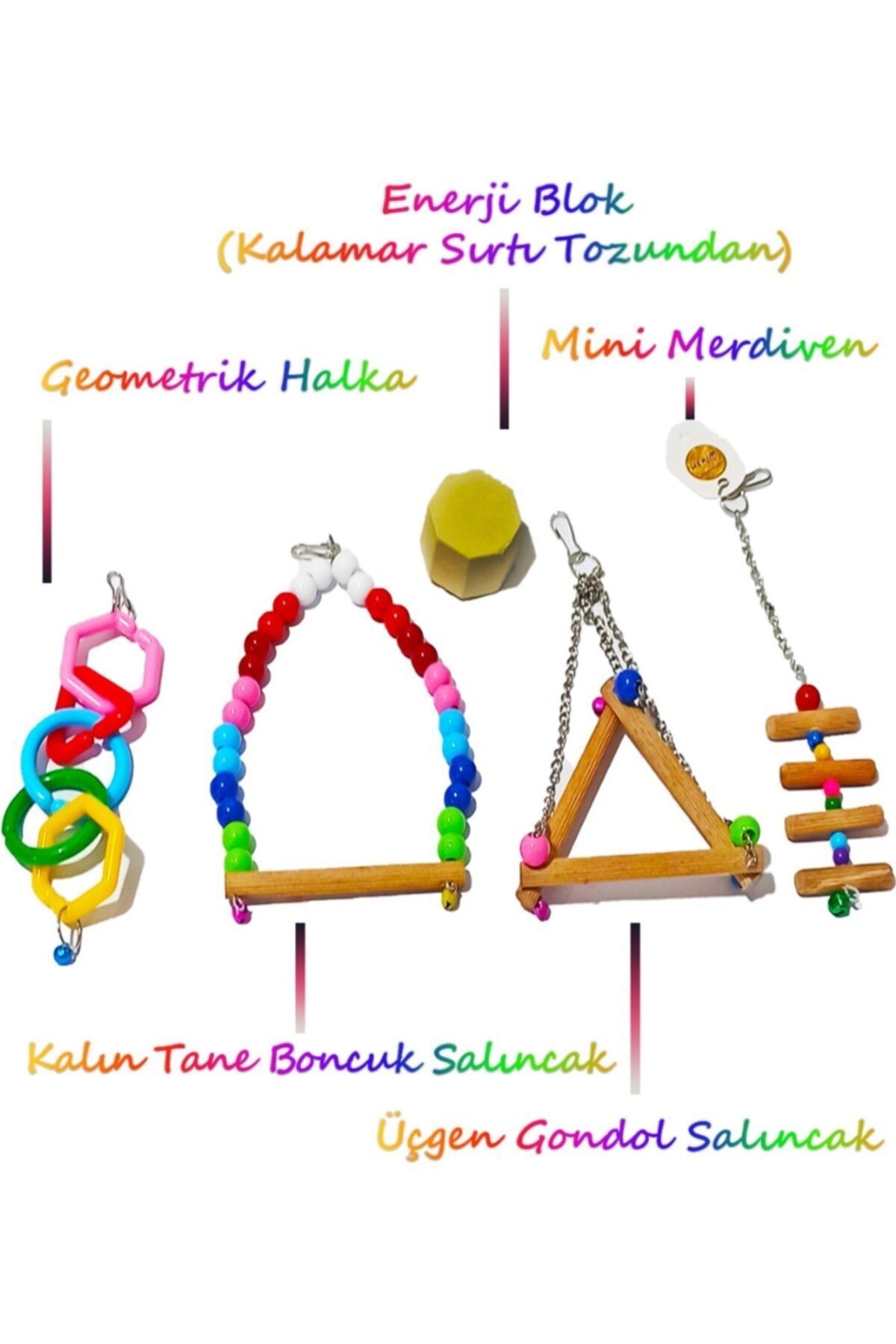 HEKİM PET 5li Set Kuş Oyuncağı Paketi Enerji Blok+üçgen+salıncak+mini Merdiven+geometrik Halka
