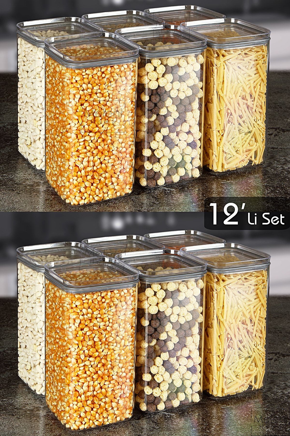 Meleni Home 12'li Sandy Kristal Contalı Vakum Kapaklı Erzak Saklama Kabı Seti Büyük Boy - 12x 1500 ml