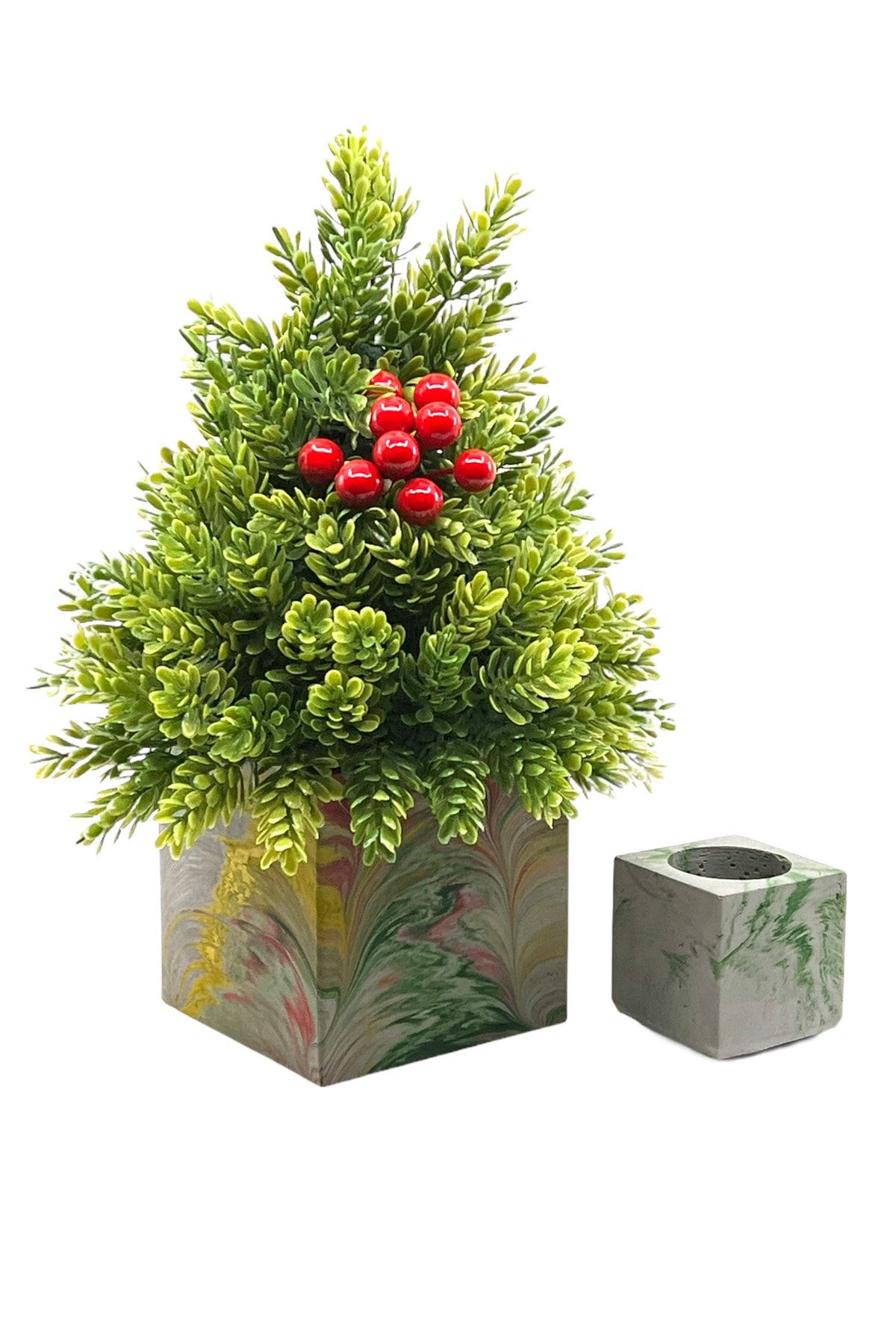 thebouqet Tealight Mumluk Hediyeli Kare Beton Saksıda Çam Ağacı Kokina Aranjman