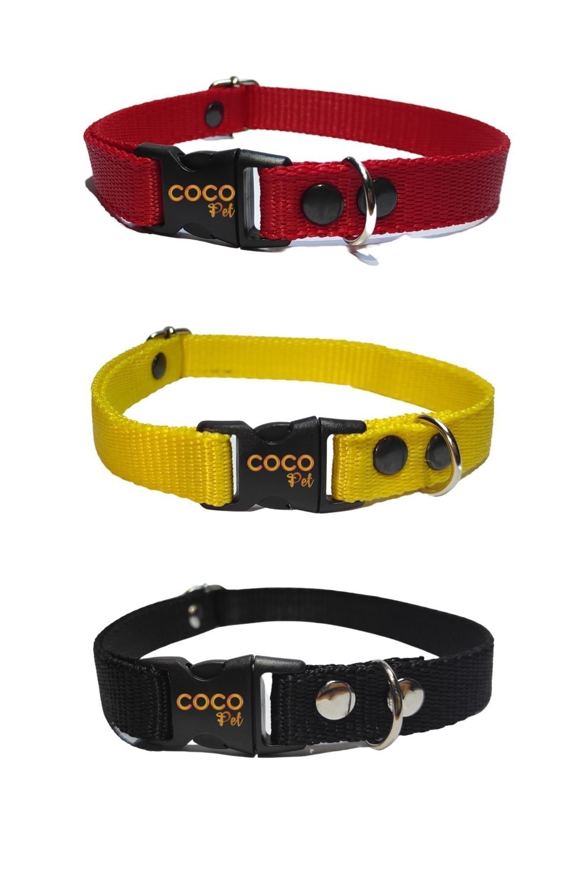 Cocopet Köpek Boyun Tasması Small 3'lü Set 45 Cm Küçük Ve Orta Irklar Için Set Siyah Sarı Kırmızı Tasma