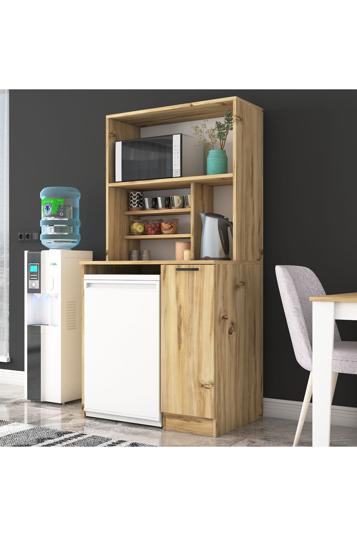 Rani Mobilya Rani F8 Çok Amaçlı Dolap 1 Kapaklı 7 Raflı Mini Buzdolabı Bölmeli Balkon Mutfak Dolabı Keçe Ceviz